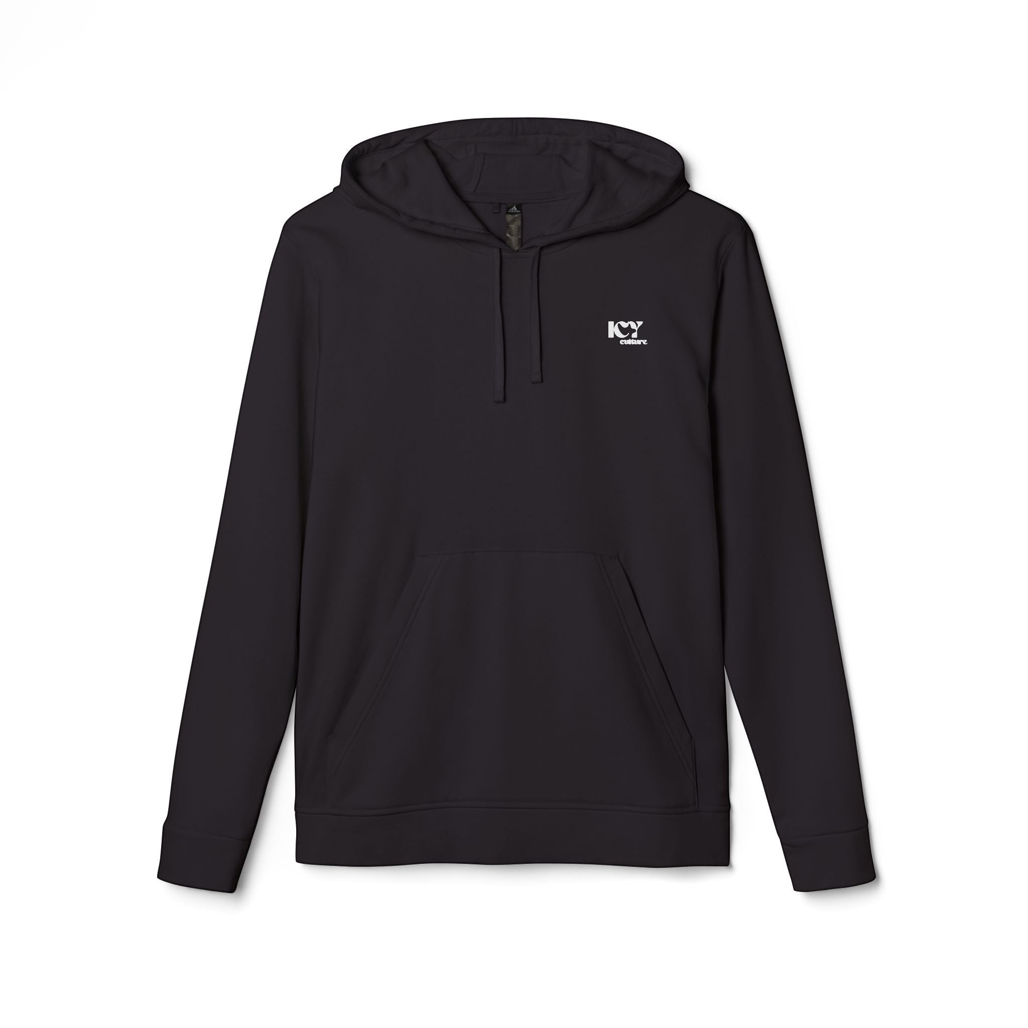 Icy Culture black cotton blend hoodie with adjustable hood, kangaroo pocket and embroidered logo on chest.