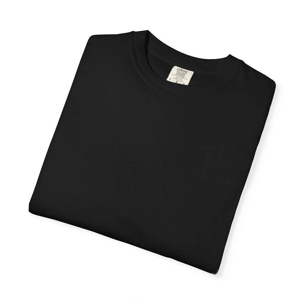 Icy Culture black cotton varsity tee with subtle embroidered logo on chest. Relaxed fit, heavyweight fabric.