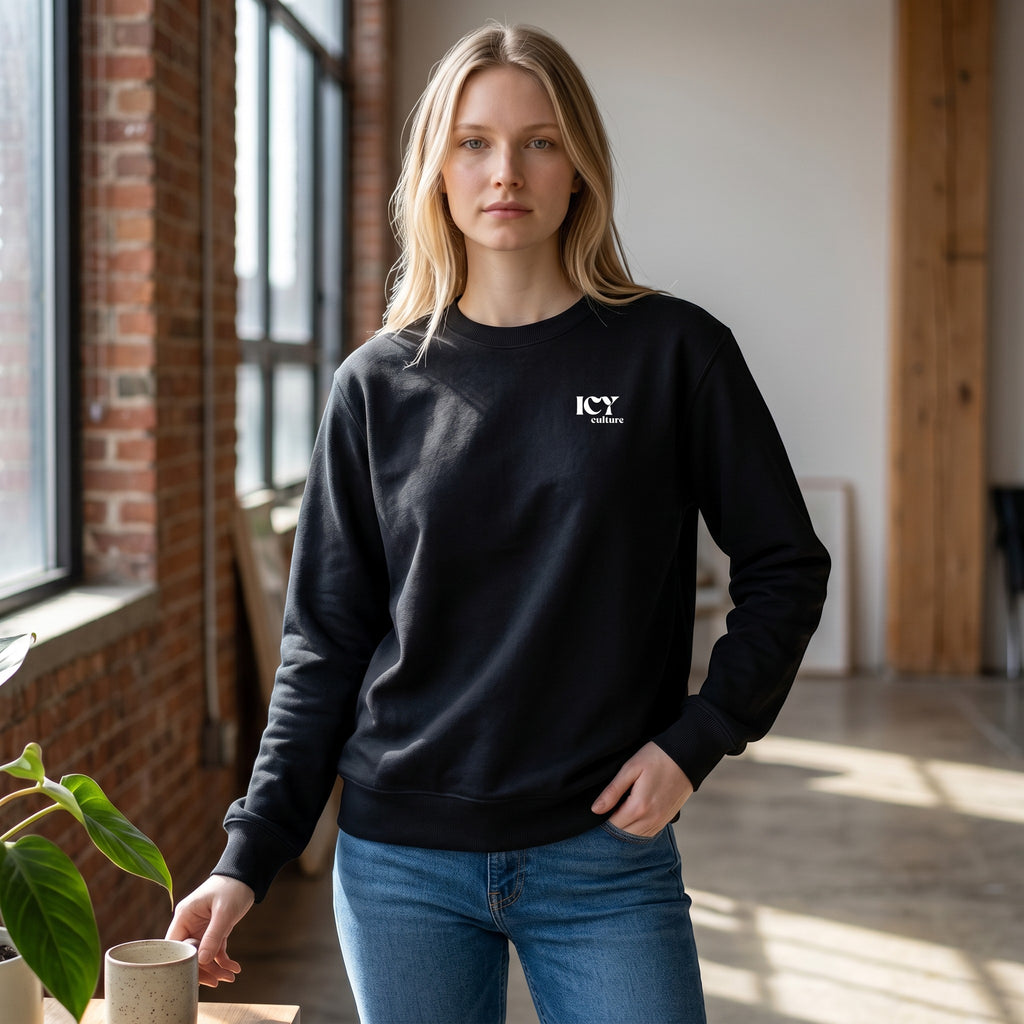 Icy Culture black crewneck sweatshirt with white logo on front, made of cotton blend, unisex fit.