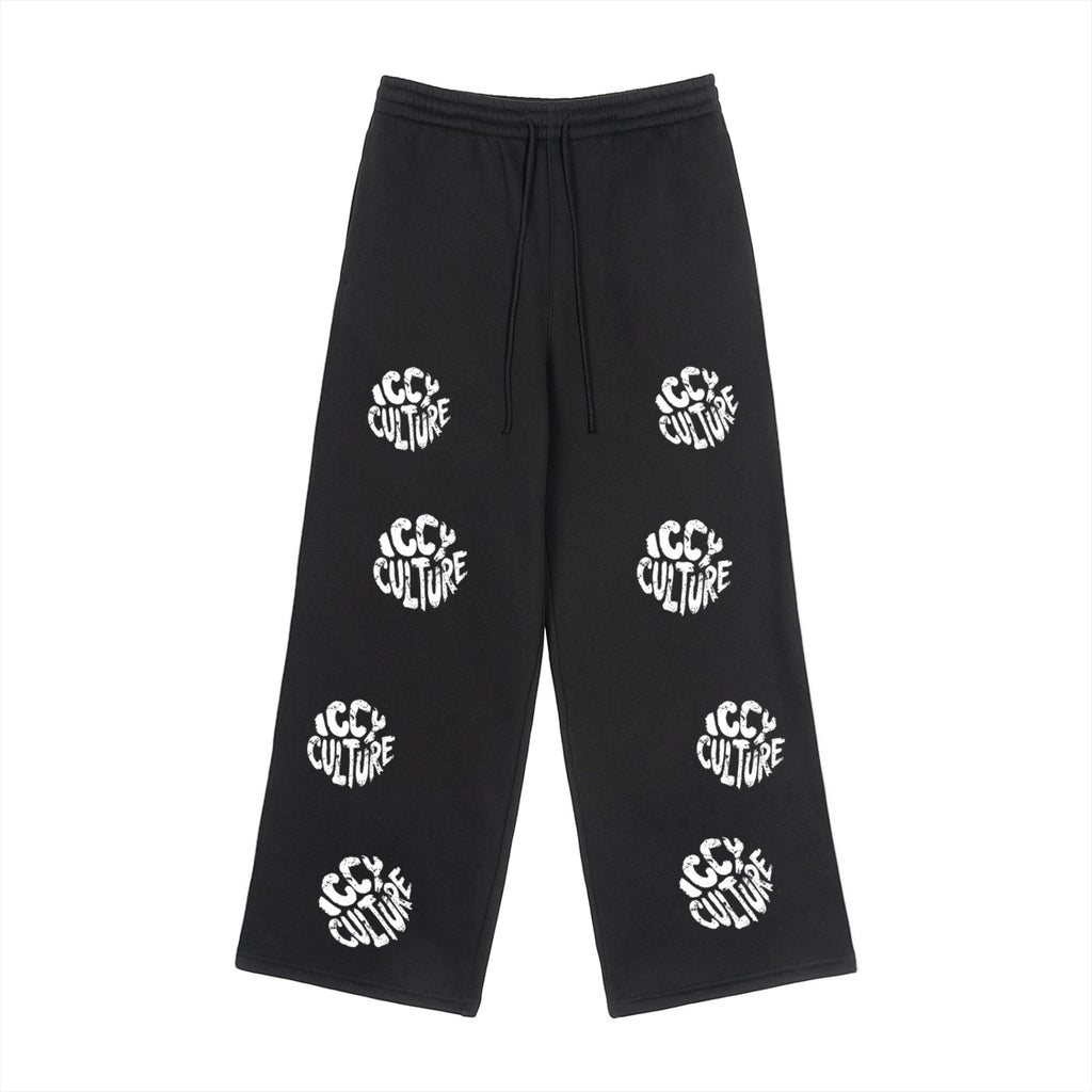 Icy Culture black fleece pants with repeating white logo print, drawstring waist, loose fit.