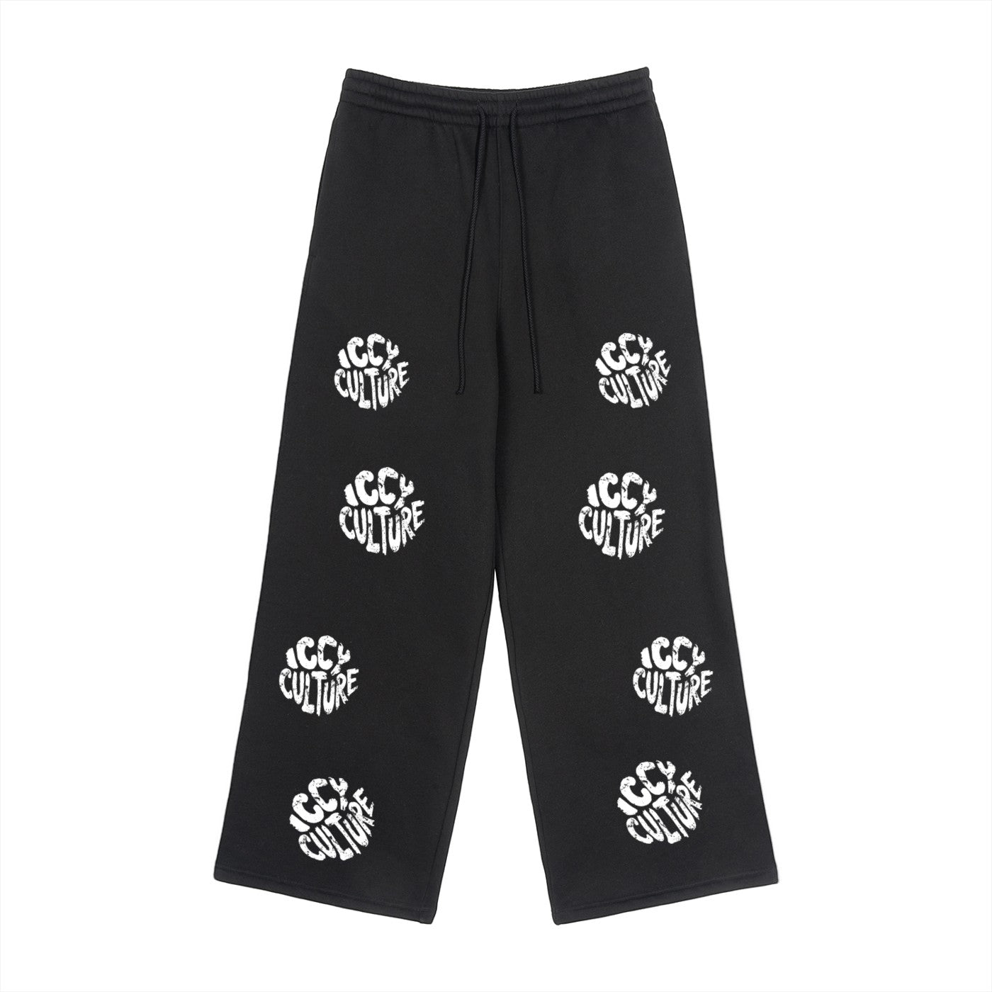 Icy Culture black fleece pants with repeating white logo print, drawstring waist, loose fit.