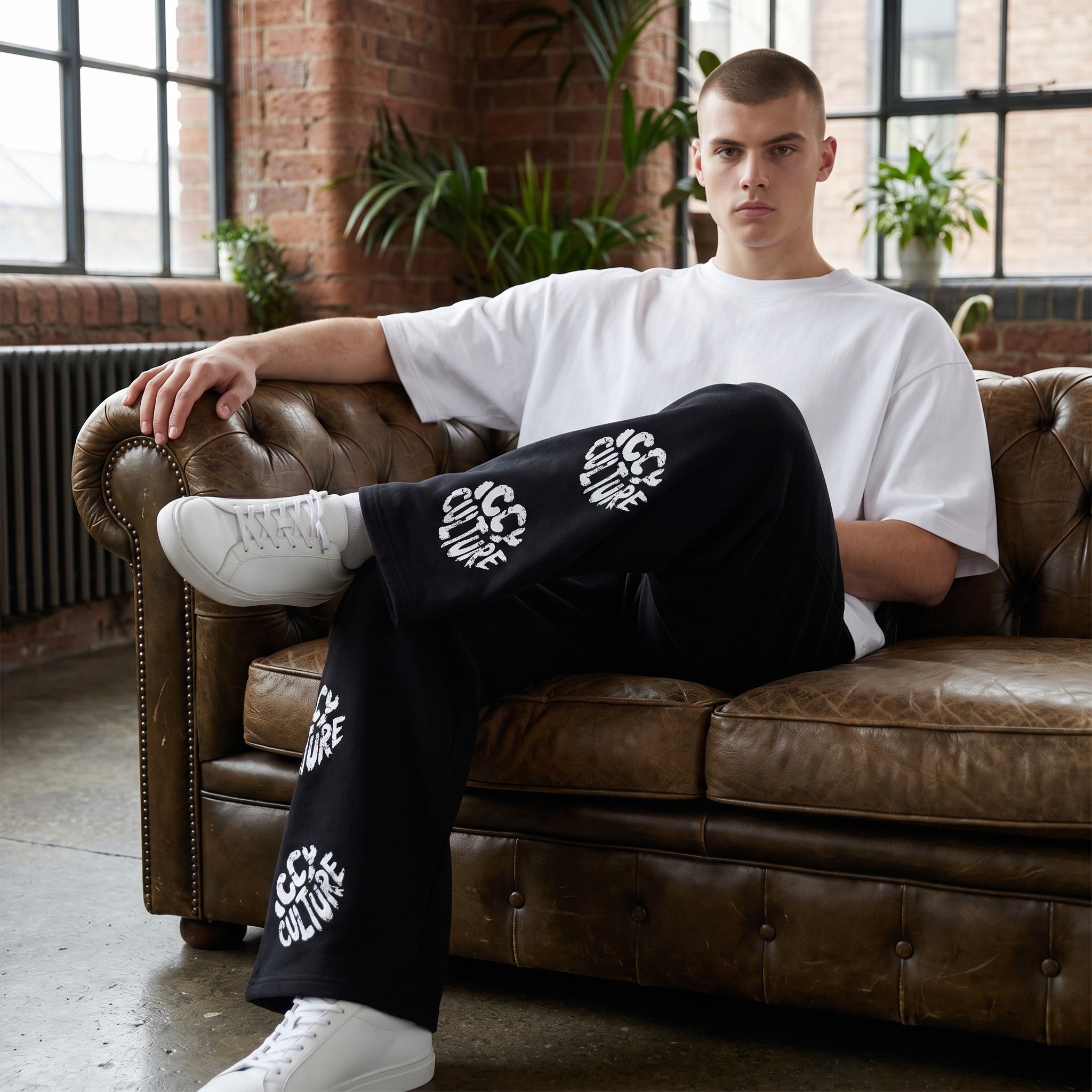 Icy Culture black fleece pants with repeated white logo print, drawstring waist, loose fit.