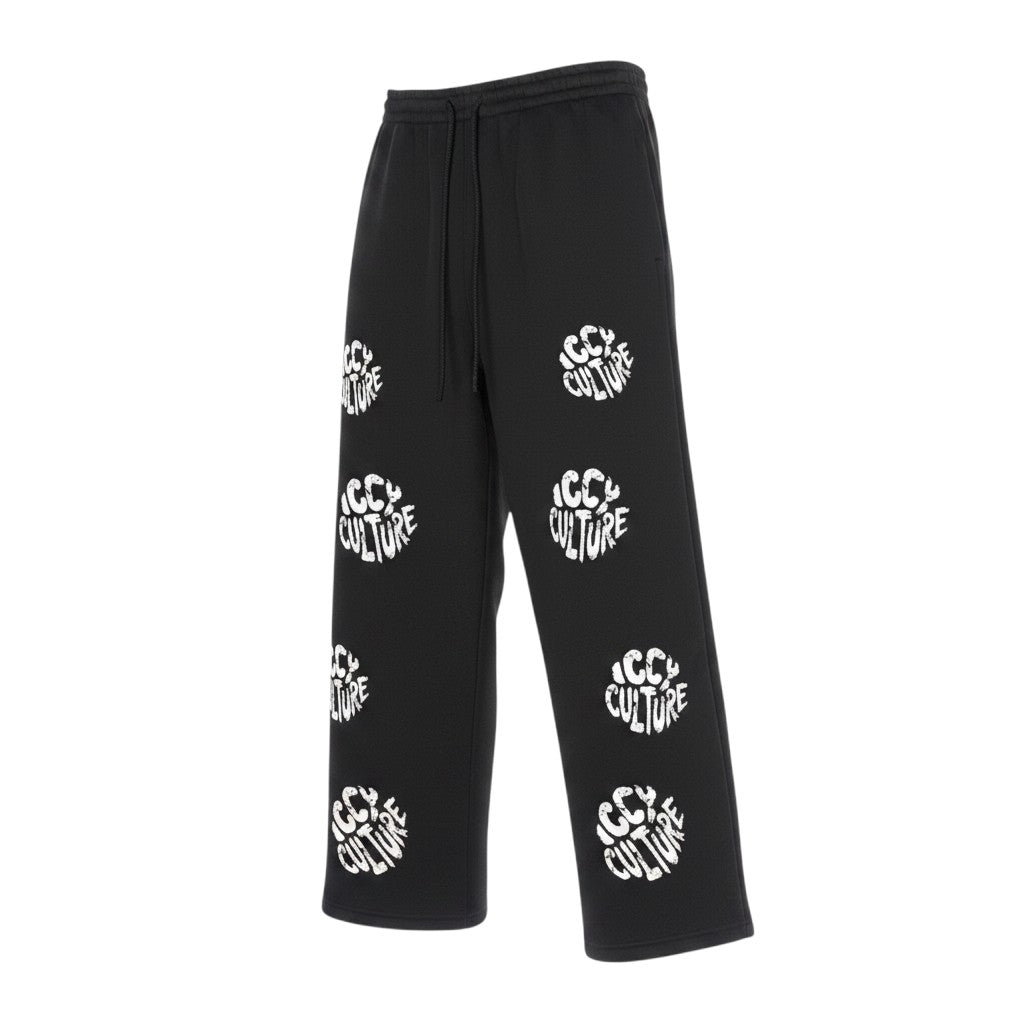 Icy Culture black fleece pants with all-over white logo print, drawstring waist and loose fit.