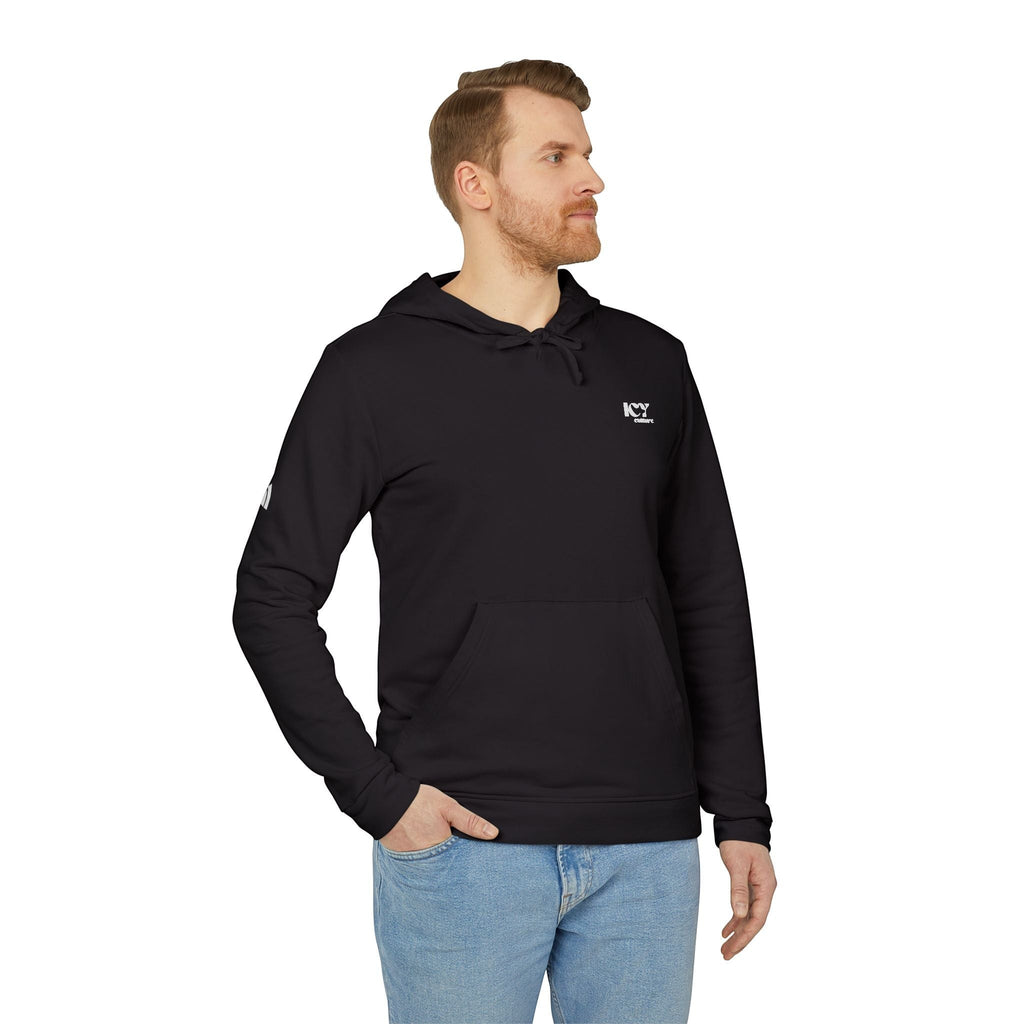 Icy Culture black cotton-polyester blend hoodie with adjustable hood, kangaroo pocket and embroidered logo.