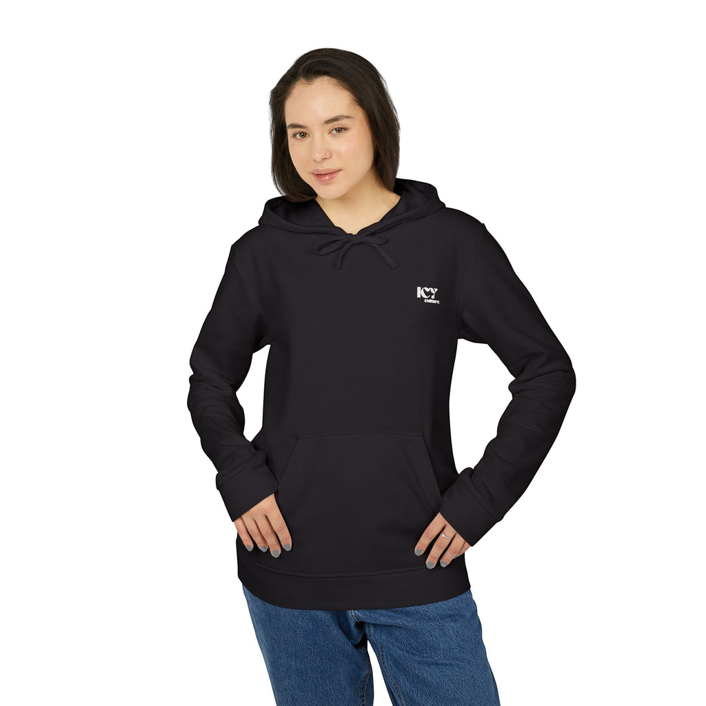 Icy Culture black cotton blend hoodie with adjustable hood and kangaroo pocket, featuring embroidered logo on chest.