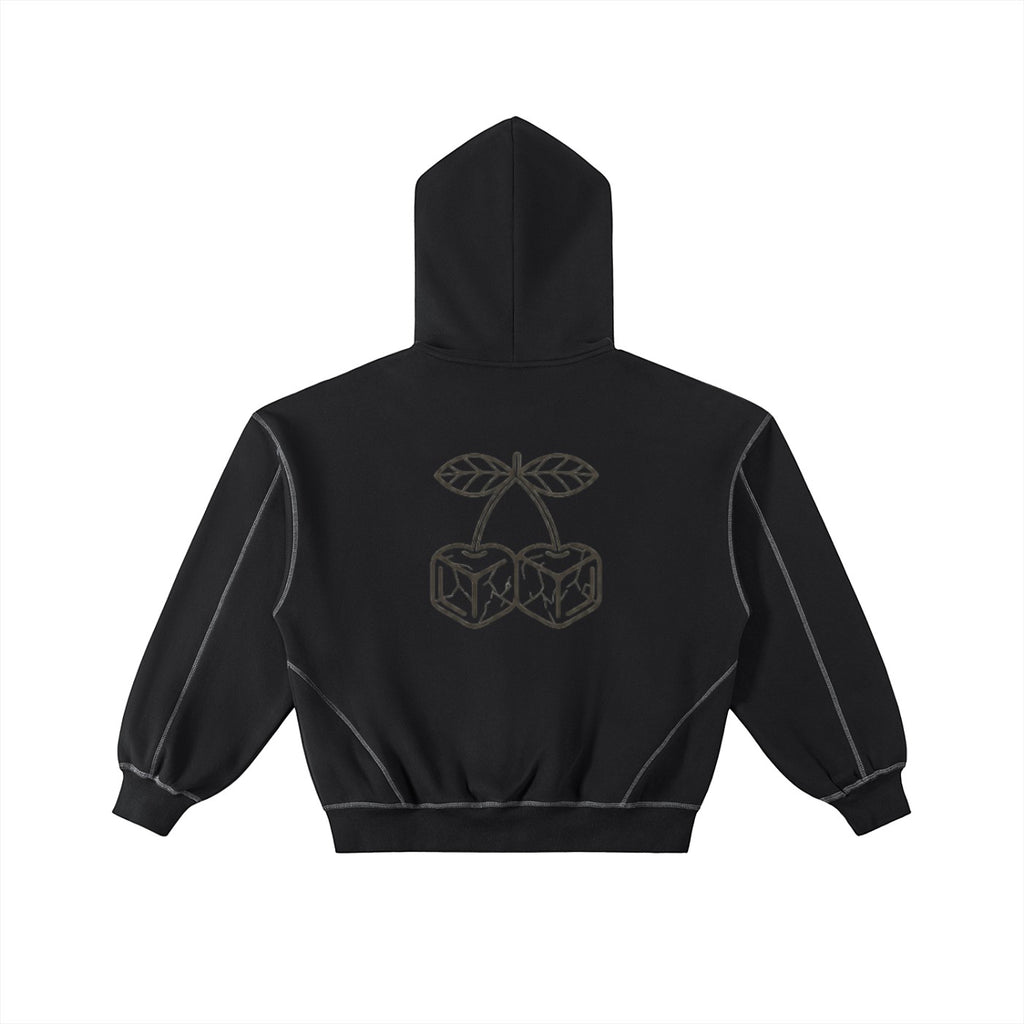 Icy Culture black cotton blend hoodie with cherry graphic and contrast stitching, hooded, long sleeve, loose fit.