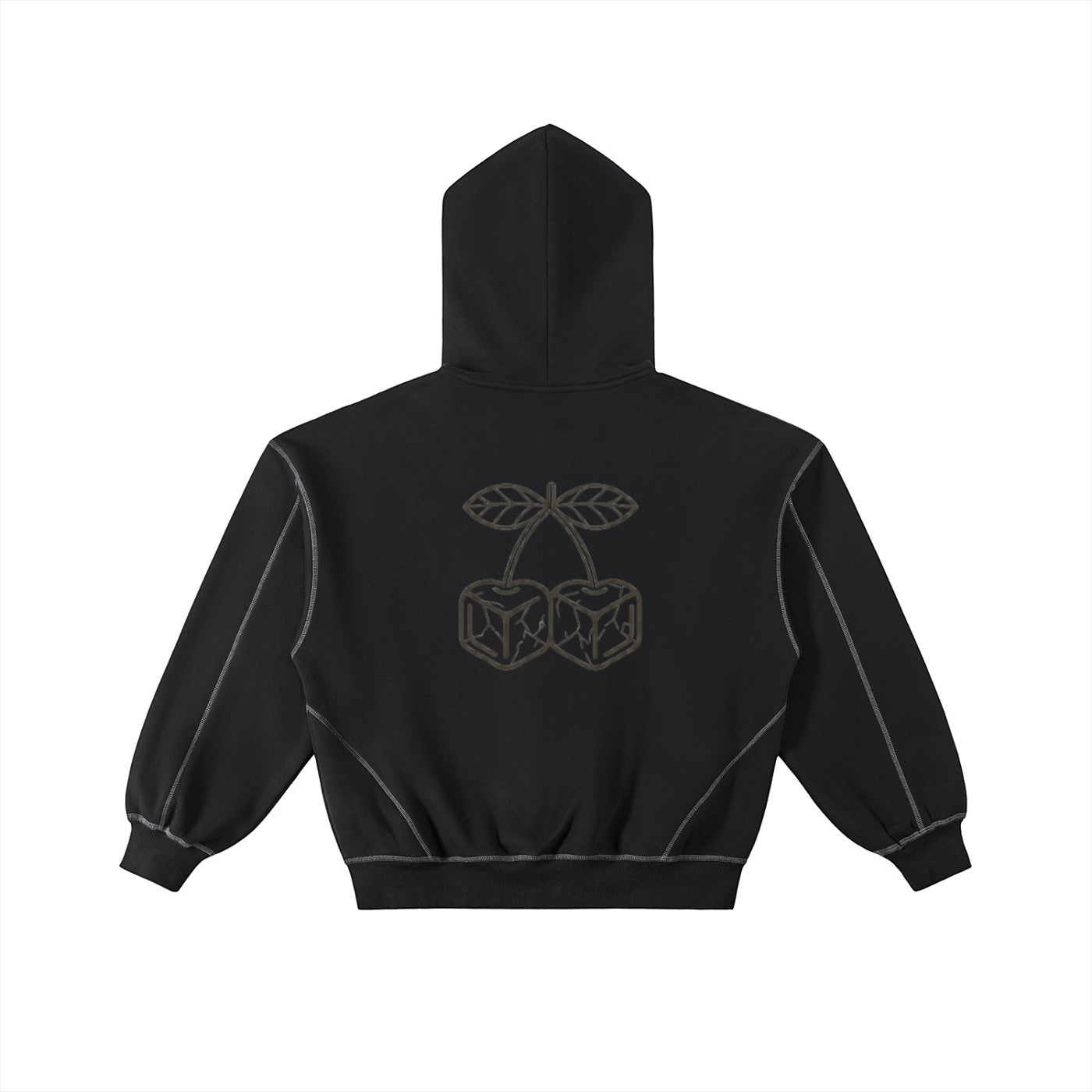 Icy Culture black cotton blend hoodie with cherry graphic and contrast stitching, hooded, long sleeve, loose fit.