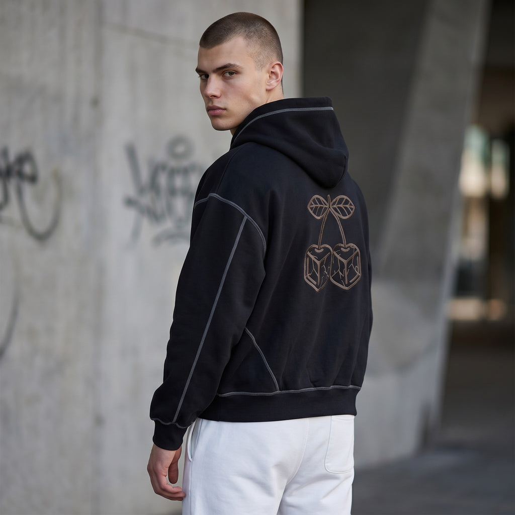 Icy Culture black cotton blend hoodie with cherry graphic and contrast stitching, hooded, long sleeve, loose fit.