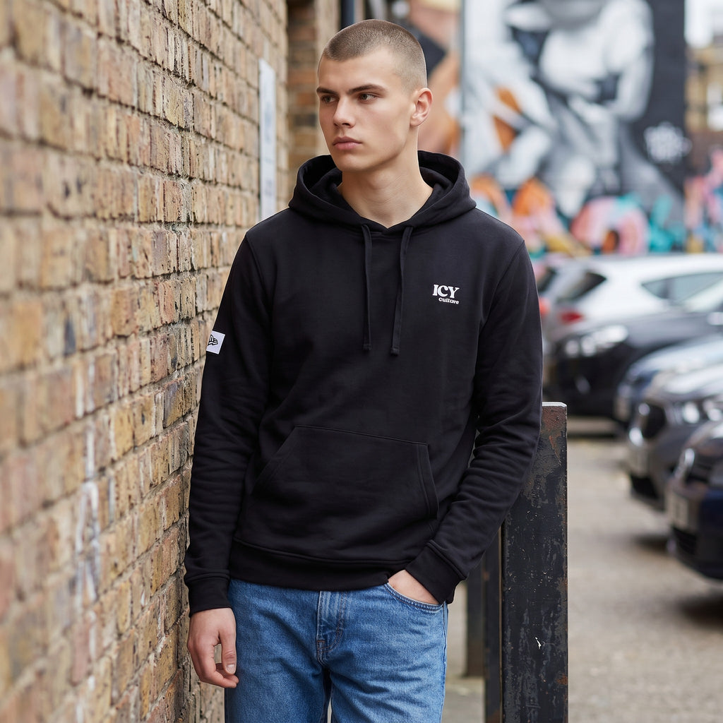 Icy Culture black cotton blend hoodie with adjustable hood, kangaroo pocket and embroidered logo on chest.