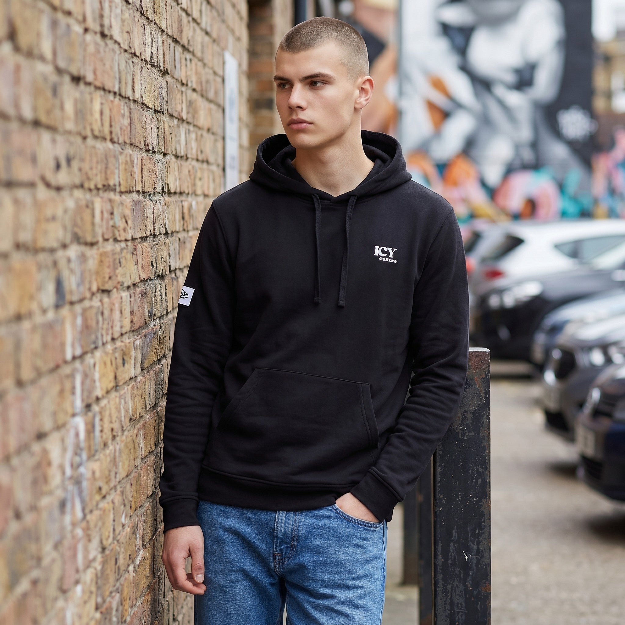 Icy Culture black cotton blend hoodie with adjustable hood, kangaroo pocket and embroidered logo on chest.