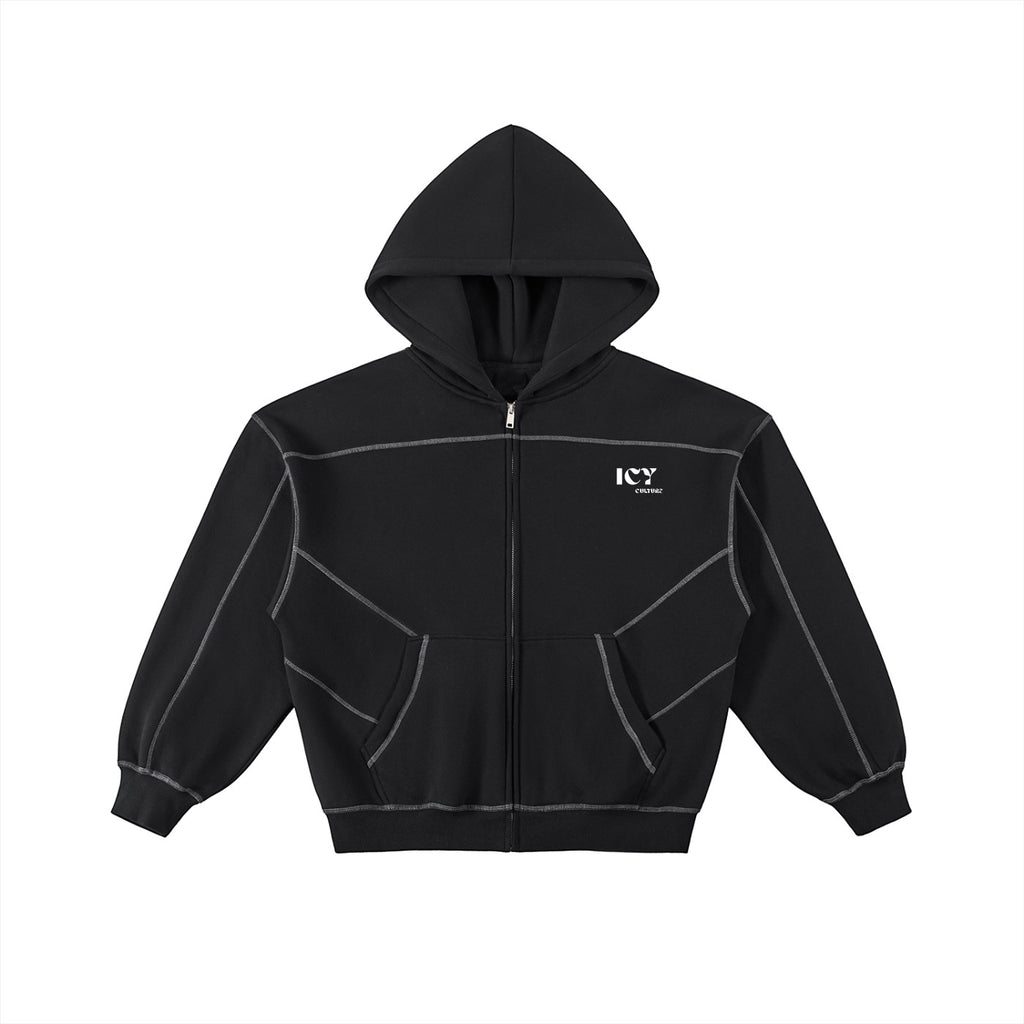 Icy Culture black zip-up hoodie with contrast stitching, hood, and pockets. Made from a cotton blend.