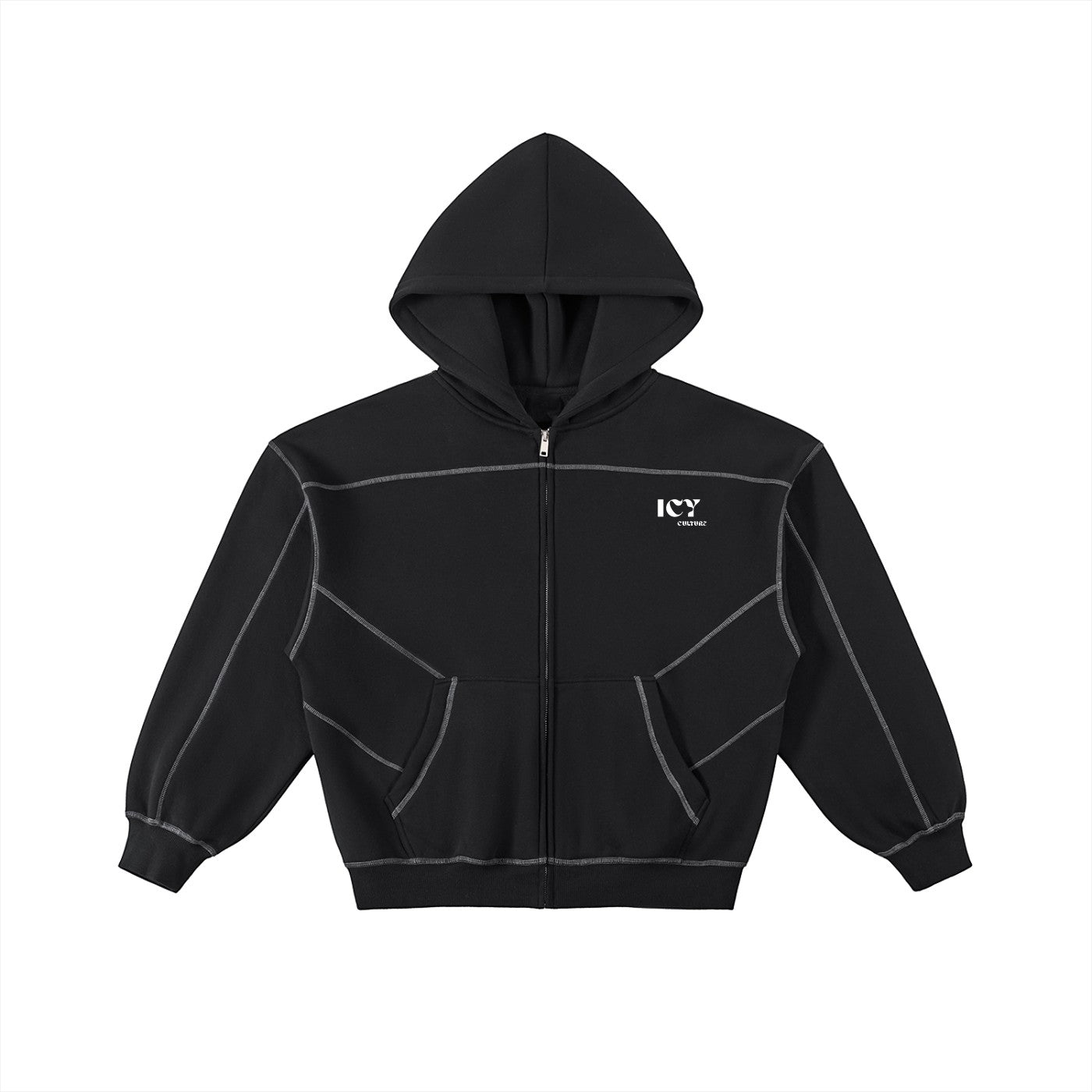 Icy Culture black zip-up hoodie with contrast stitching, hood, and pockets. Made from a cotton blend.