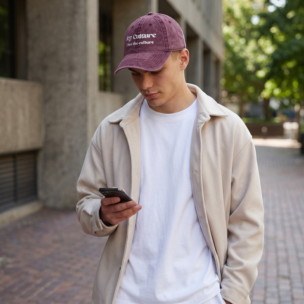 Icy Culture washed-out burgundy cotton twill cap with embroidered text, adjustable antique brass buckle.
