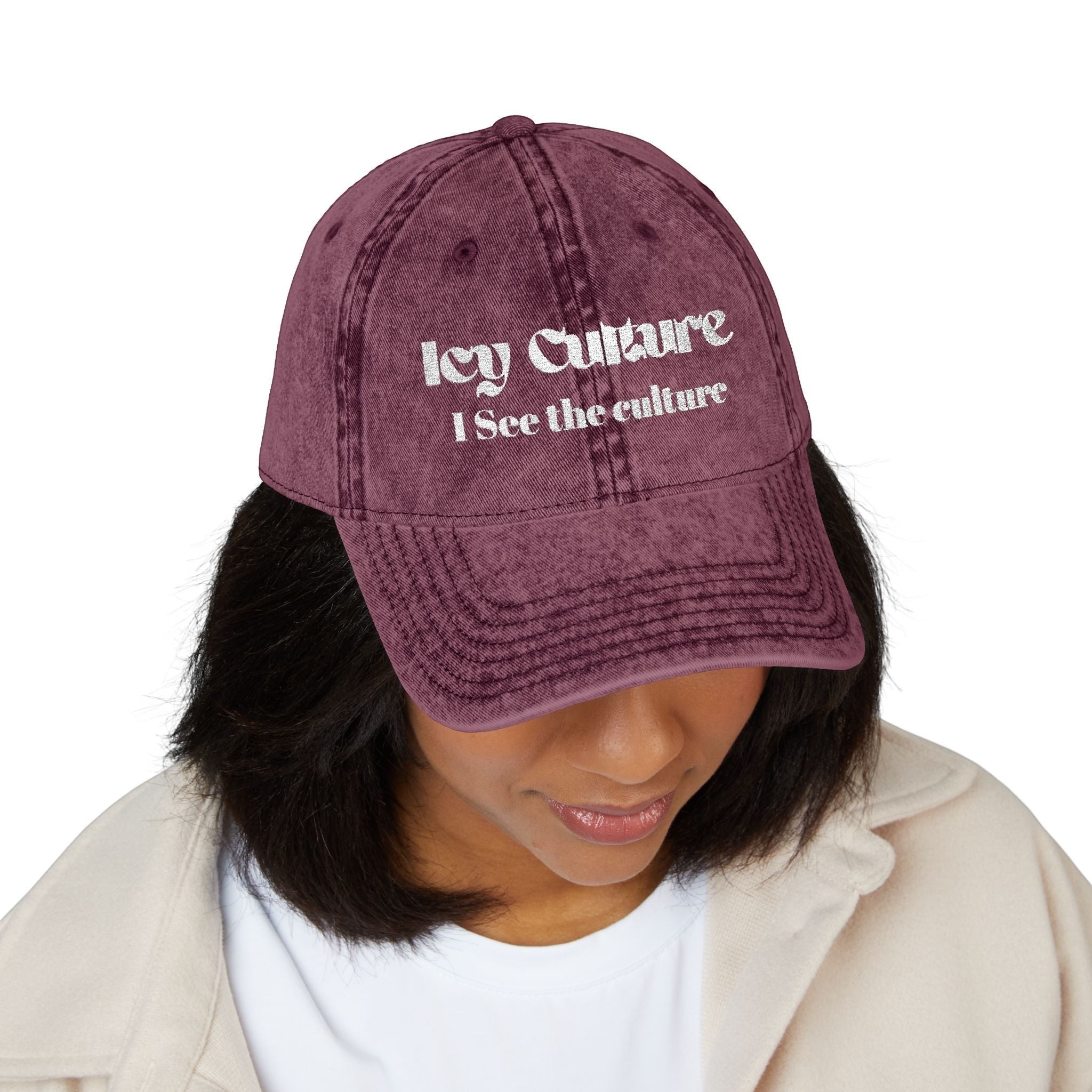 Icy Culture washed-out burgundy cotton twill baseball cap with embroidered text "I See The Culture".