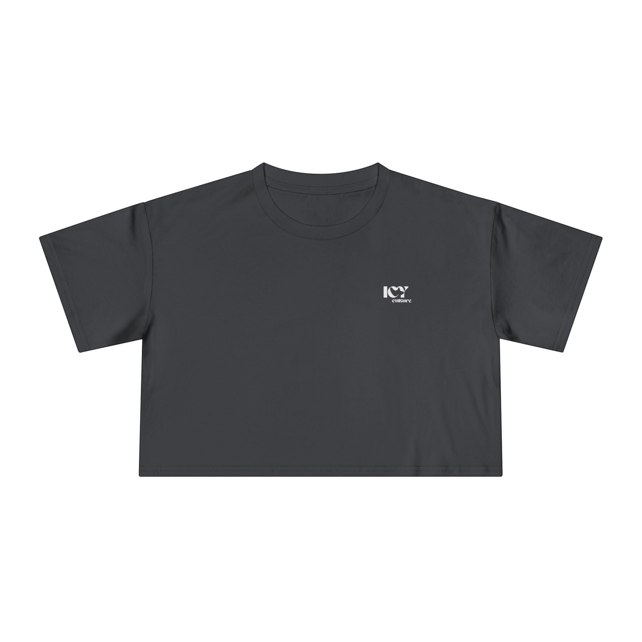 Icy Culture charcoal grey cotton crop tee with short sleeves and a small white logo on the left chest.
