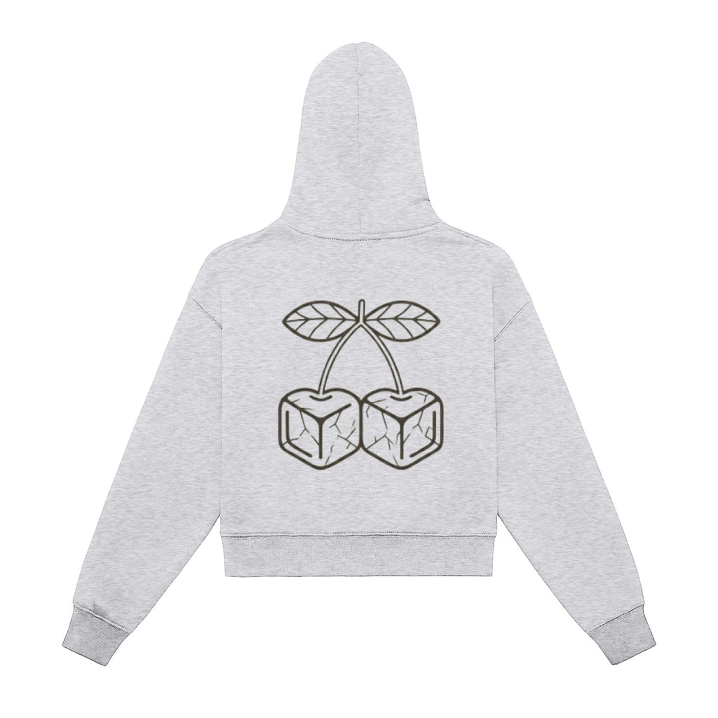 Icy Culture light grey cotton blend cropped hoodie with a cherry graphic print on the back, long sleeves and hood.