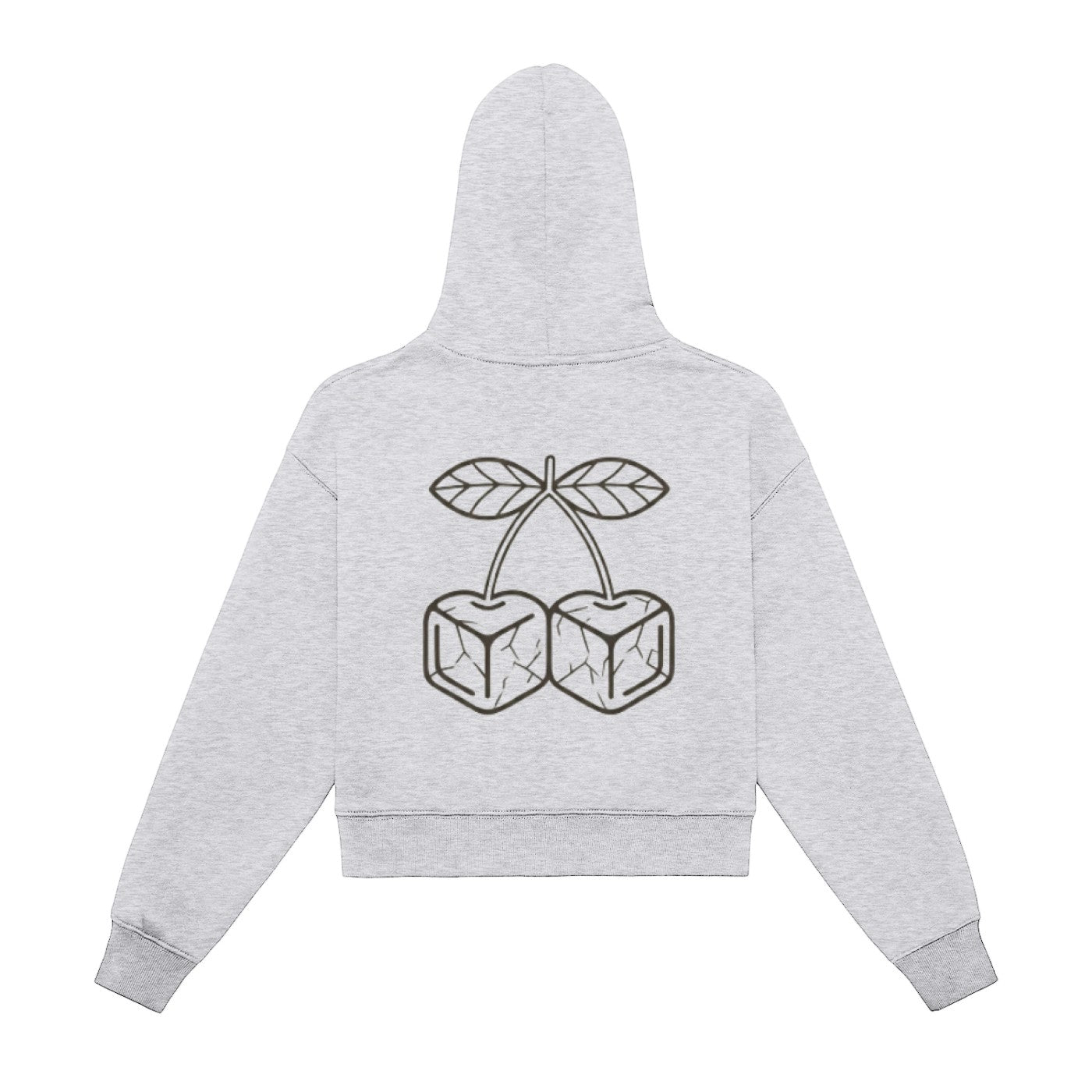 Icy Culture light grey cotton blend cropped hoodie with a cherry graphic print on the back, long sleeves and hood.