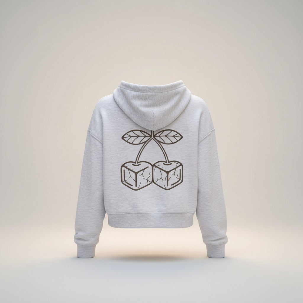 Icy Culture light grey cotton blend cropped hoodie with cherry ice cube graphic on back, hooded, long sleeve.
