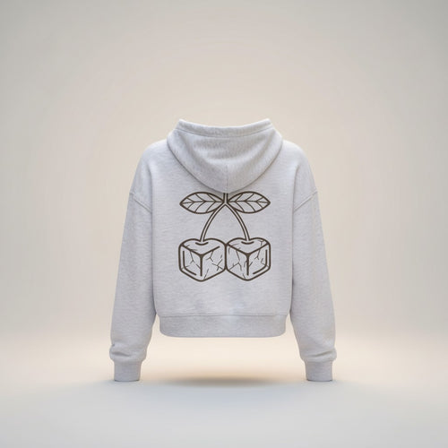 Icy Culture light grey cotton blend cropped hoodie with cherry ice cube graphic on back, hooded, long sleeve.