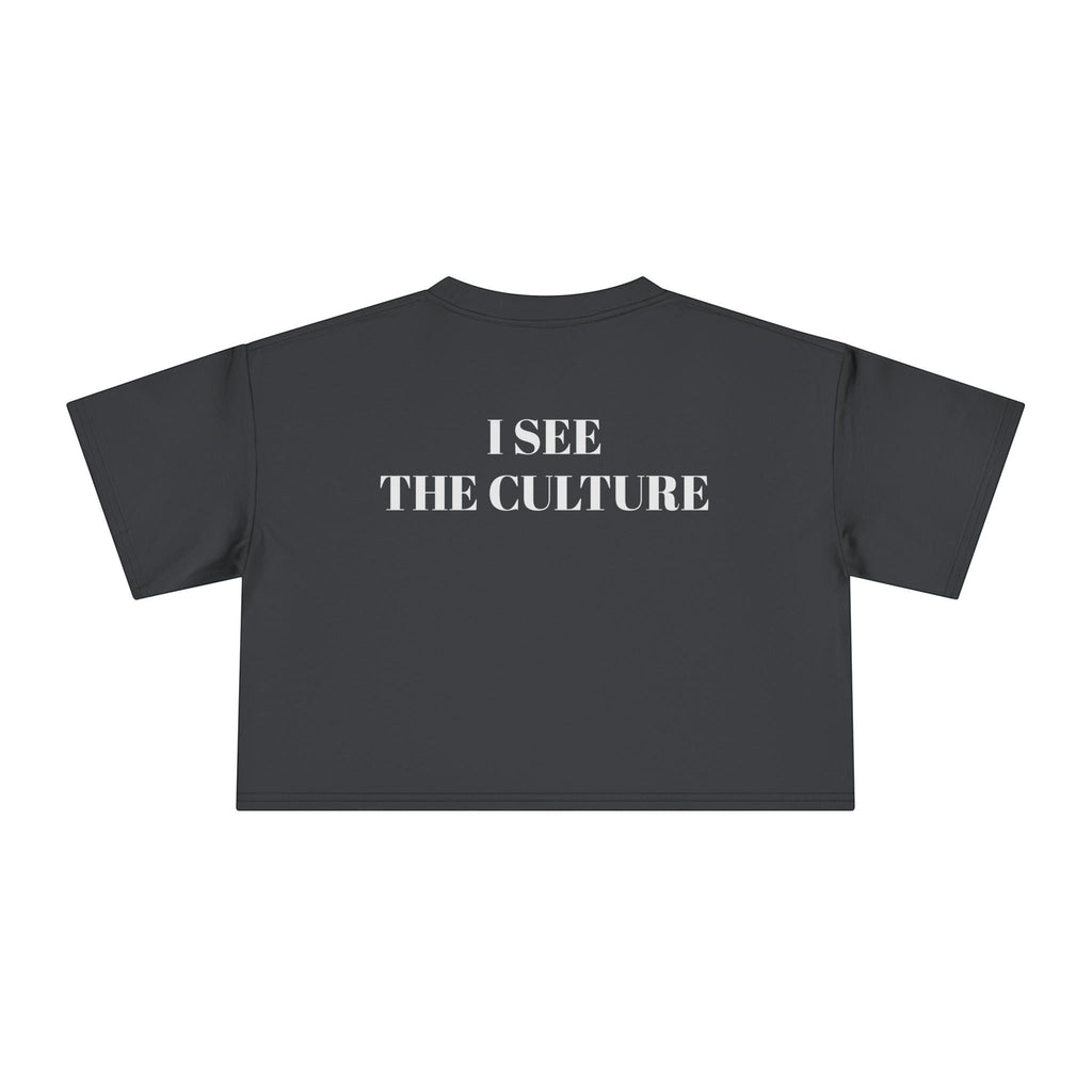Icy Culture charcoal grey cotton crop tee with 'I SEE THE CULTURE' text graphic on back.