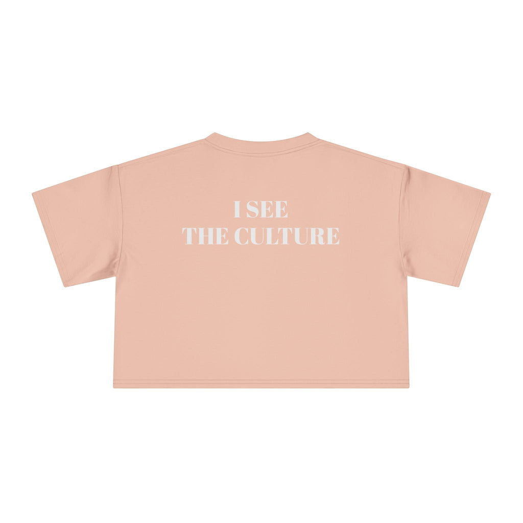 Icy Culture crop tee in peach cotton with 'I SEE THE CULTURE' graphic print on back. Relaxed fit, short length.