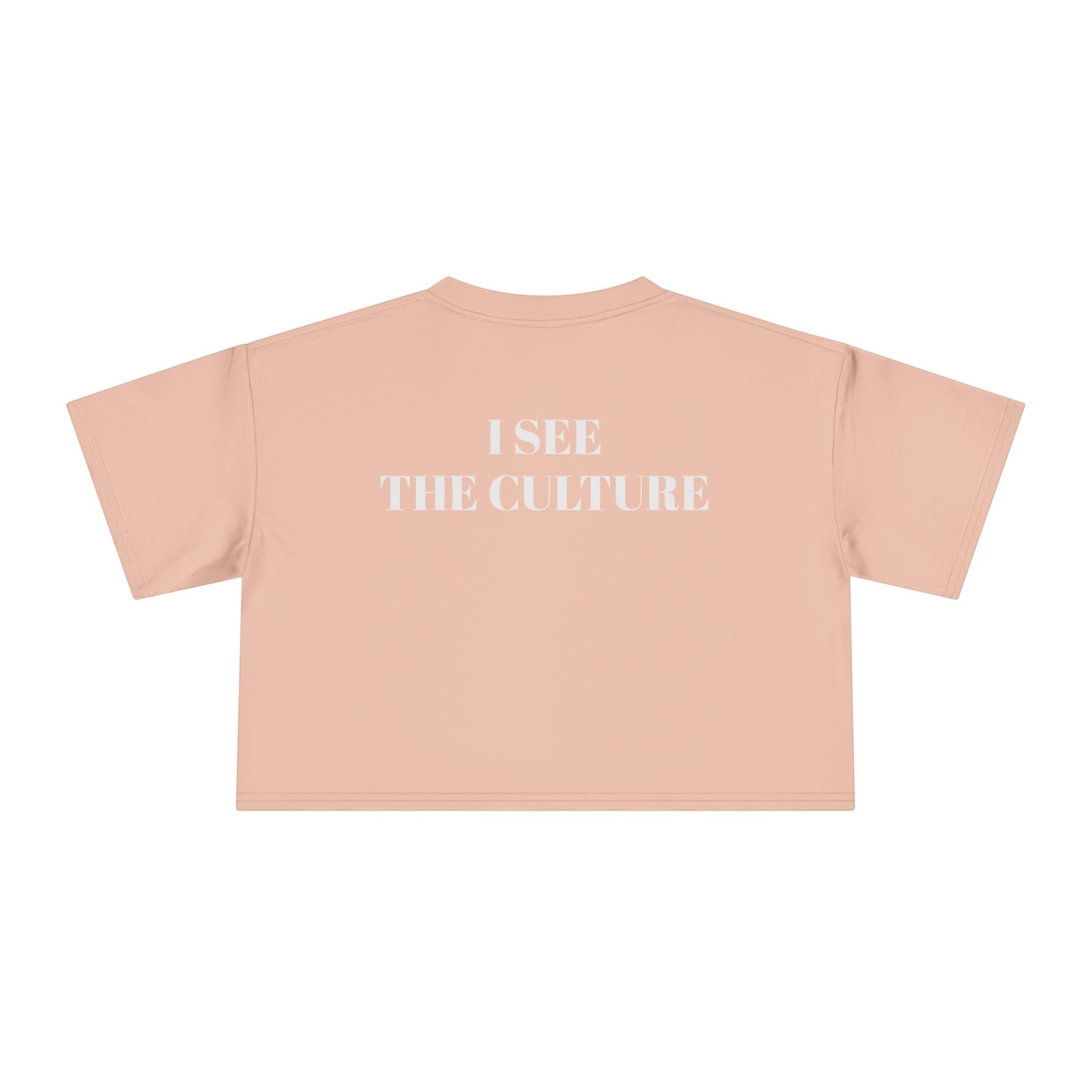 Icy Culture crop tee in peach cotton with 'I SEE THE CULTURE' graphic print on back. Relaxed fit, short length.