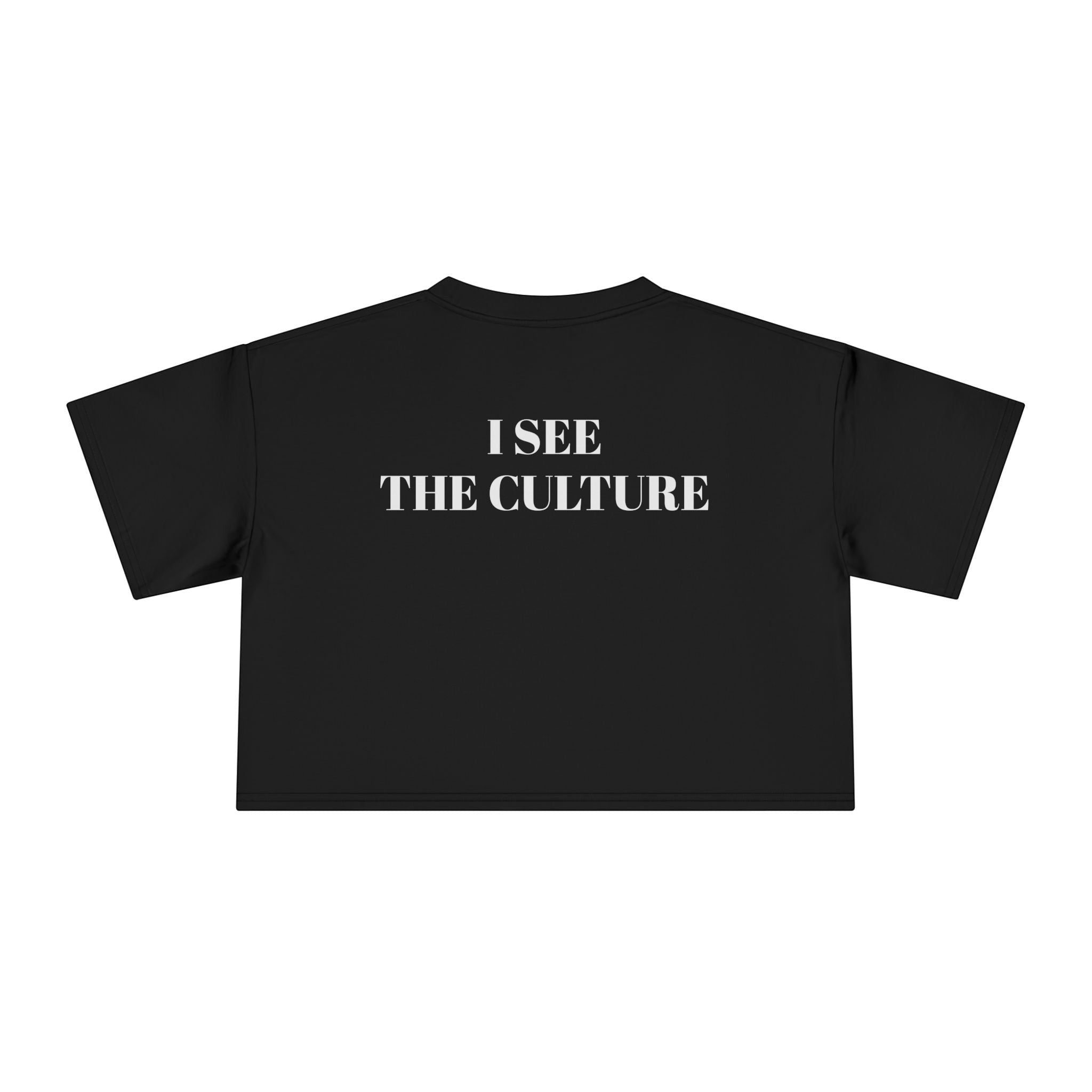 Icy Culture crop tee em preto com a frase "I SEE THE CULTURE" em branco. Manga curta e corte justo.