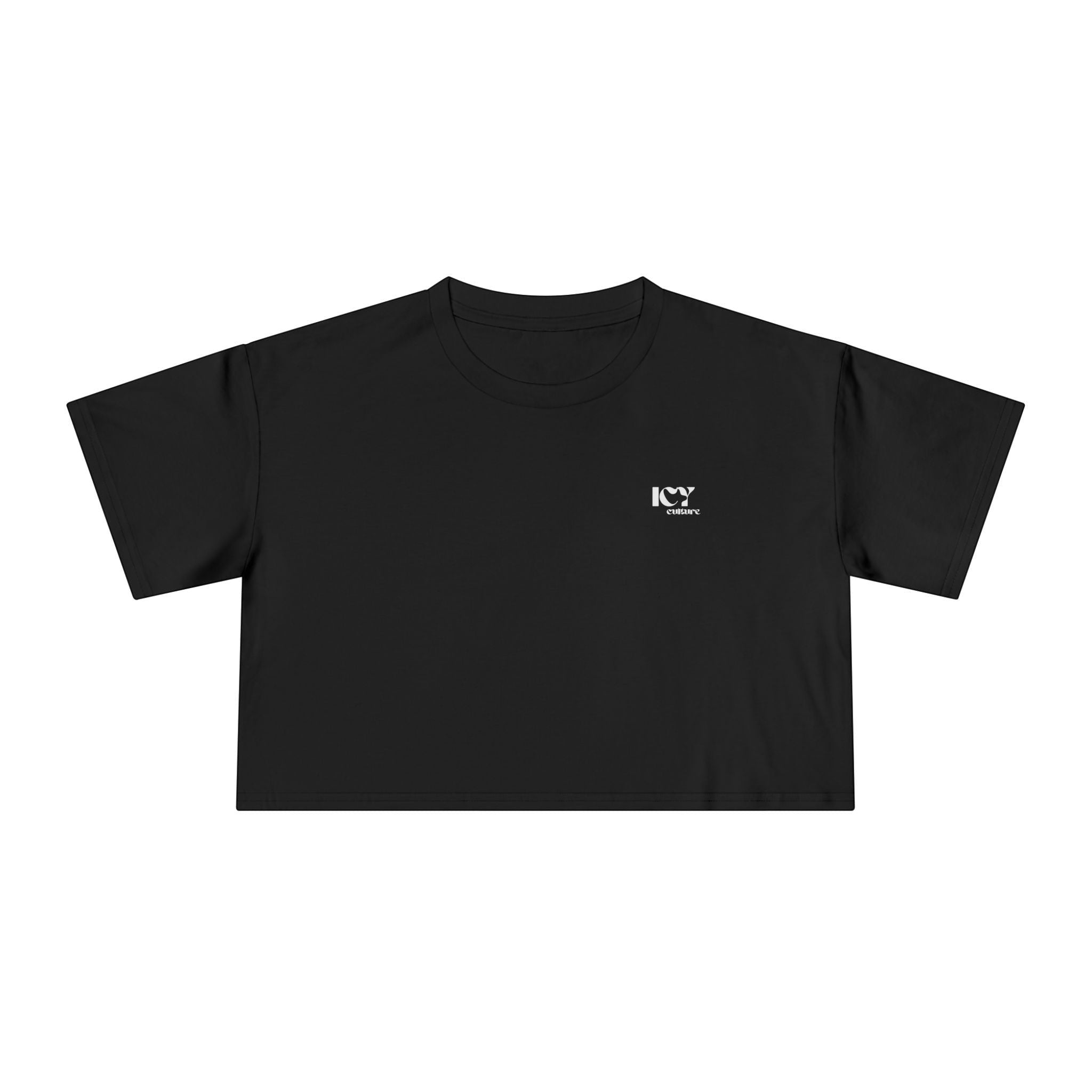 Icy Culture crop tee em preto com logótipo branco no peito esquerdo. Manga curta, gola redonda, corte curto.