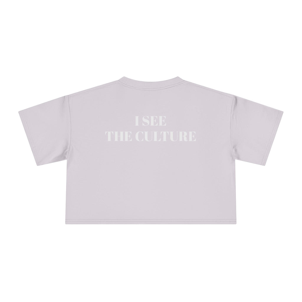 Icy Culture crop tee in light purple with "I SEE THE CULTURE" text graphic on the back. Made of 100% cotton.
