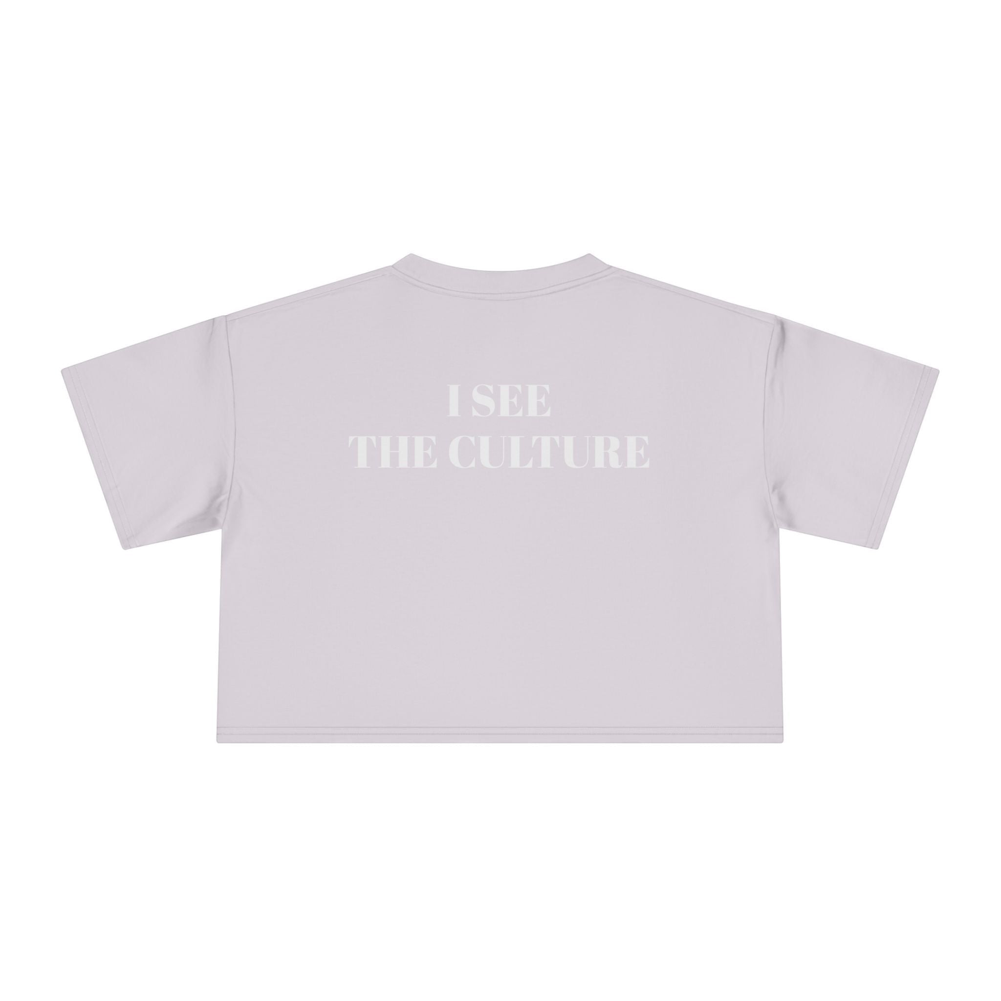 Icy Culture crop tee in light purple with "I SEE THE CULTURE" text graphic on the back. Made of 100% cotton.