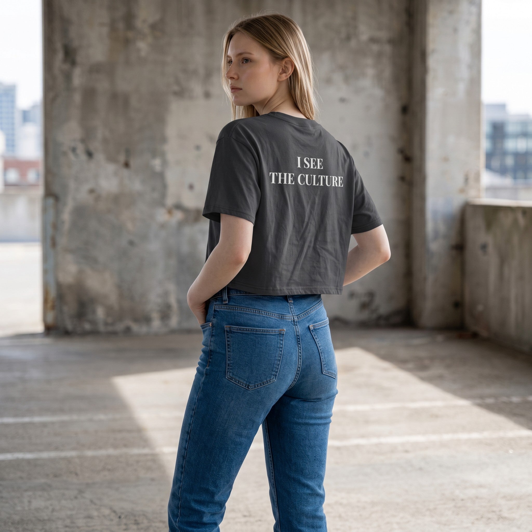 Icy Culture charcoal grey cropped cotton tee with white text "I SEE THE CULTURE" on the back.