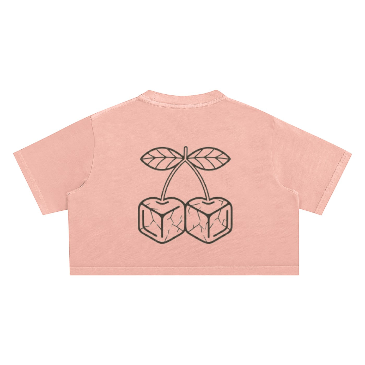 Icy Culture rosa cropped top de algodão com gola redonda e manga curta, com um gráfico de cerejas em cubos de gelo no centro.