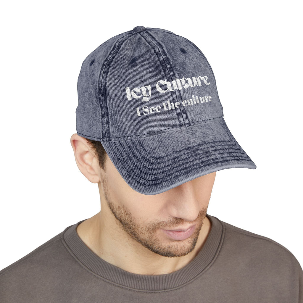 Icy Culture washed-out denim baseball cap with embroidered text "I See the Culture". 100% cotton twill, adjustable strap.