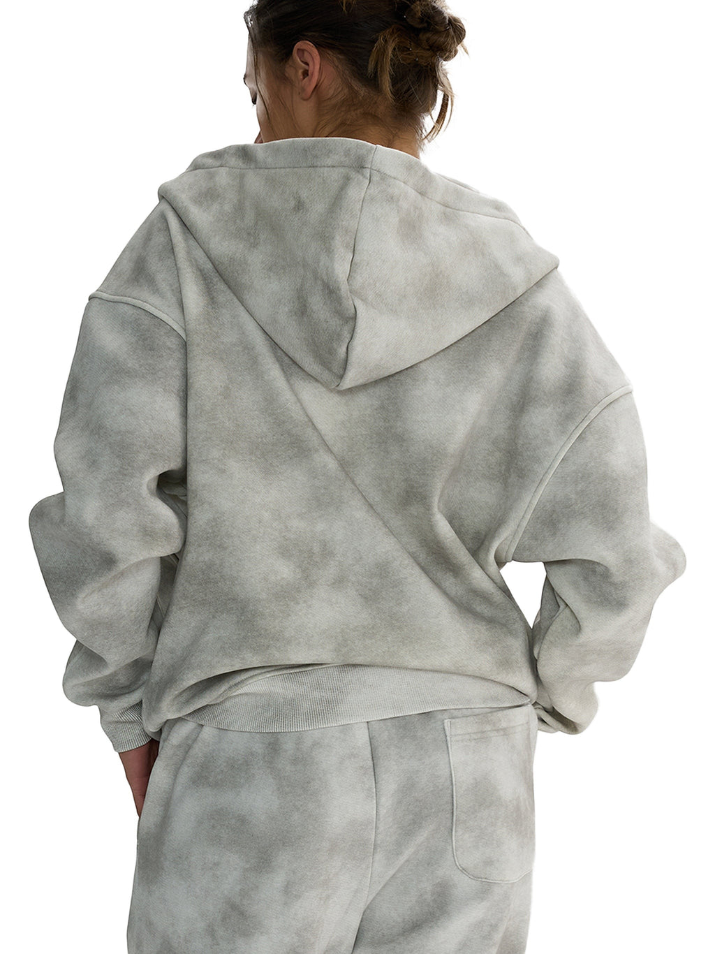 Icy Culture Dirty Ice Zip Hoodie, um capuz cinzento desbotado com fecho completo e padrão tie-dye, feito de uma mistura de poliéster, algodão e spandex.