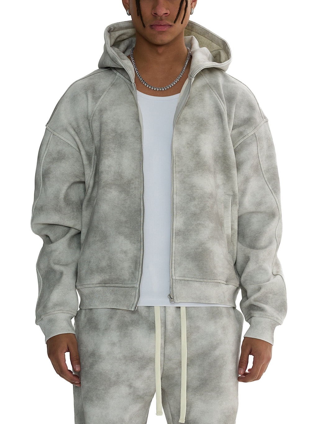Icy Culture Dirty Ice Zip Hoodie cinzento com padrão tie-dye, manga comprida, capuz e fecho de correr.