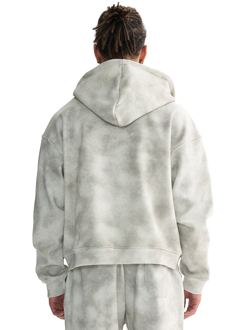 Icy Culture Dirty Ice Zip Hoodie, cinzento com padrão tie-dye, manga comprida, capuz, tecido de algodão misto, modelo unissexo.