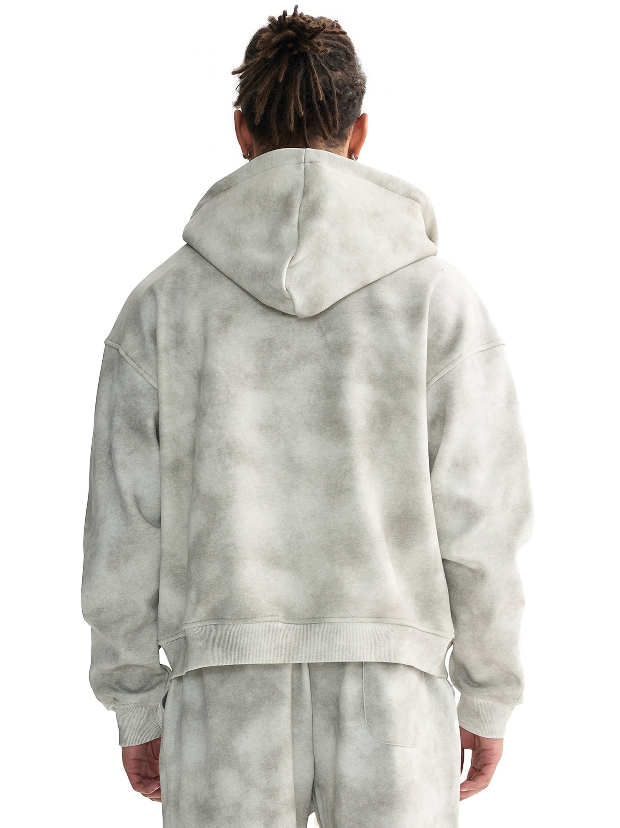 Icy Culture Dirty Ice Zip Hoodie, cinzento com padrão tie-dye, manga comprida, capuz, tecido de algodão misto, modelo unissexo.