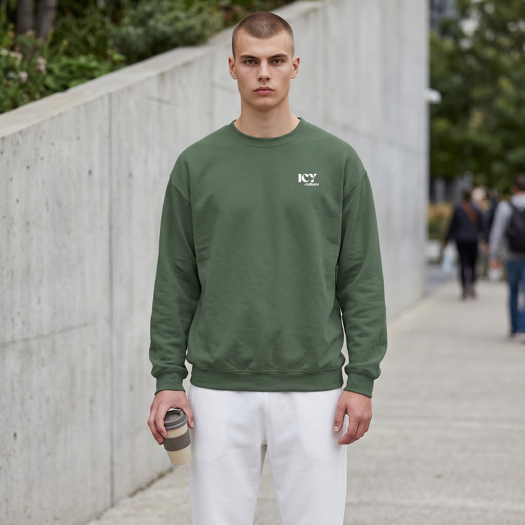 Icy Culture green heavy blend cotton polyester sweatshirt with crew neck and small logo on chest.
