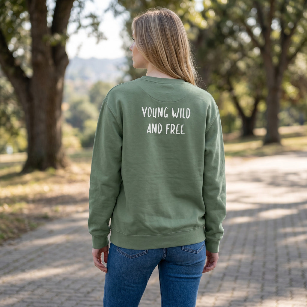 Icy Culture green cotton blend sweatshirt with "Young Wild And Free" text on the back. Classic fit, heavy blend.