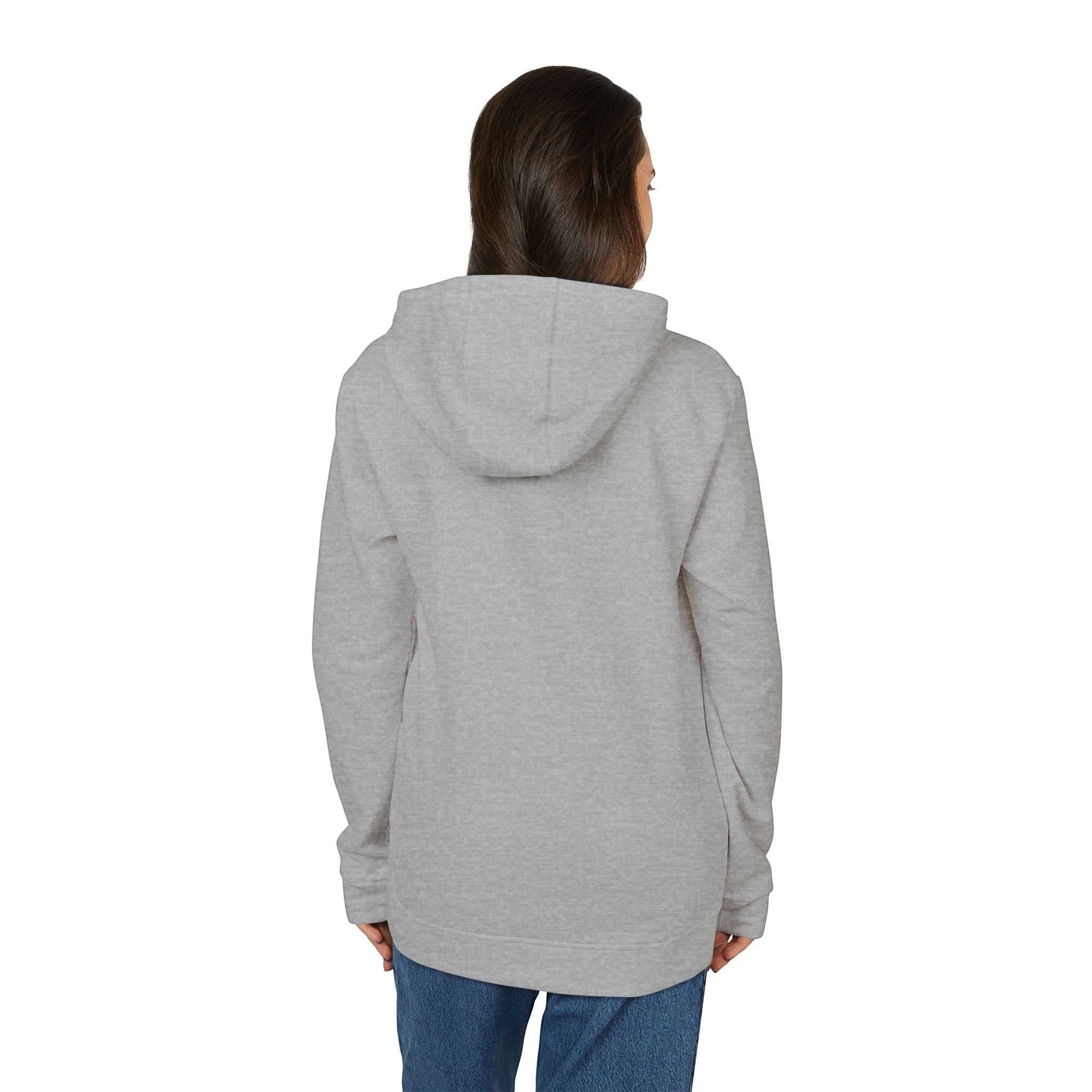 Icy Culture grey cotton blend hoodie with adjustable hood and kangaroo pocket, worn by a woman.