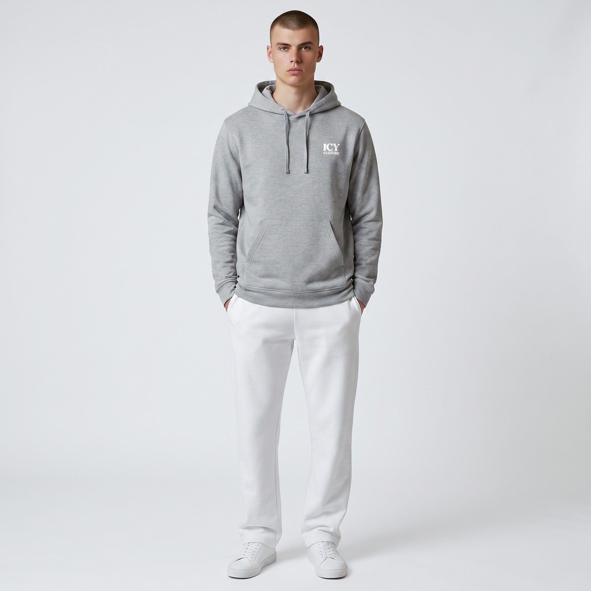 Icy Culture grey cotton blend hoodie with adjustable drawstring hood and kangaroo pocket.
