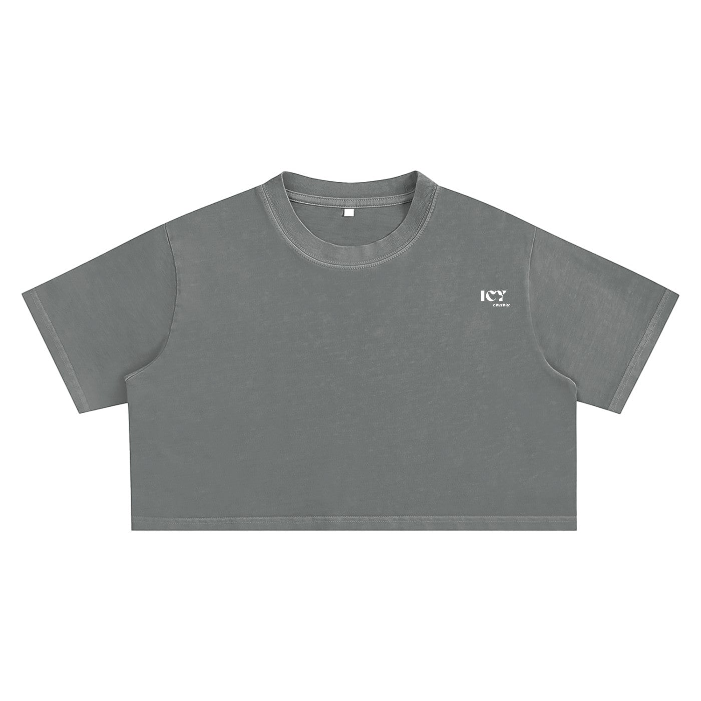 Icy Culture grey 100% cotton washed crop top with short sleeves and round neck.