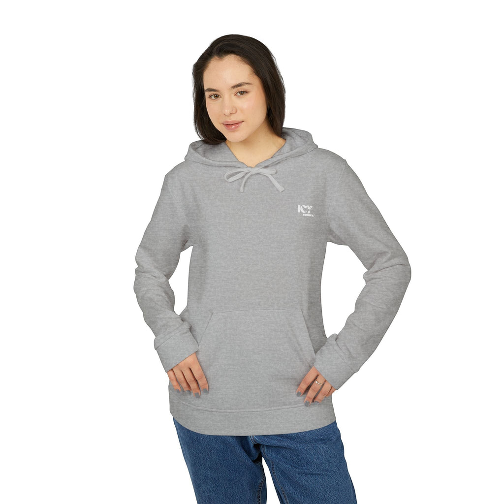 Icy Culture grey cotton blend hoodie with adjustable drawstring hood and kangaroo pocket.