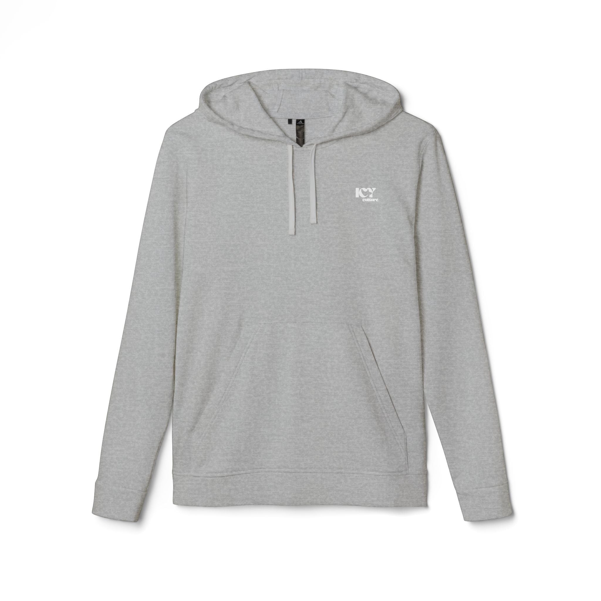 Icy Culture grey cotton blend hoodie with adjustable hood, kangaroo pocket and embroidered logo on chest.
