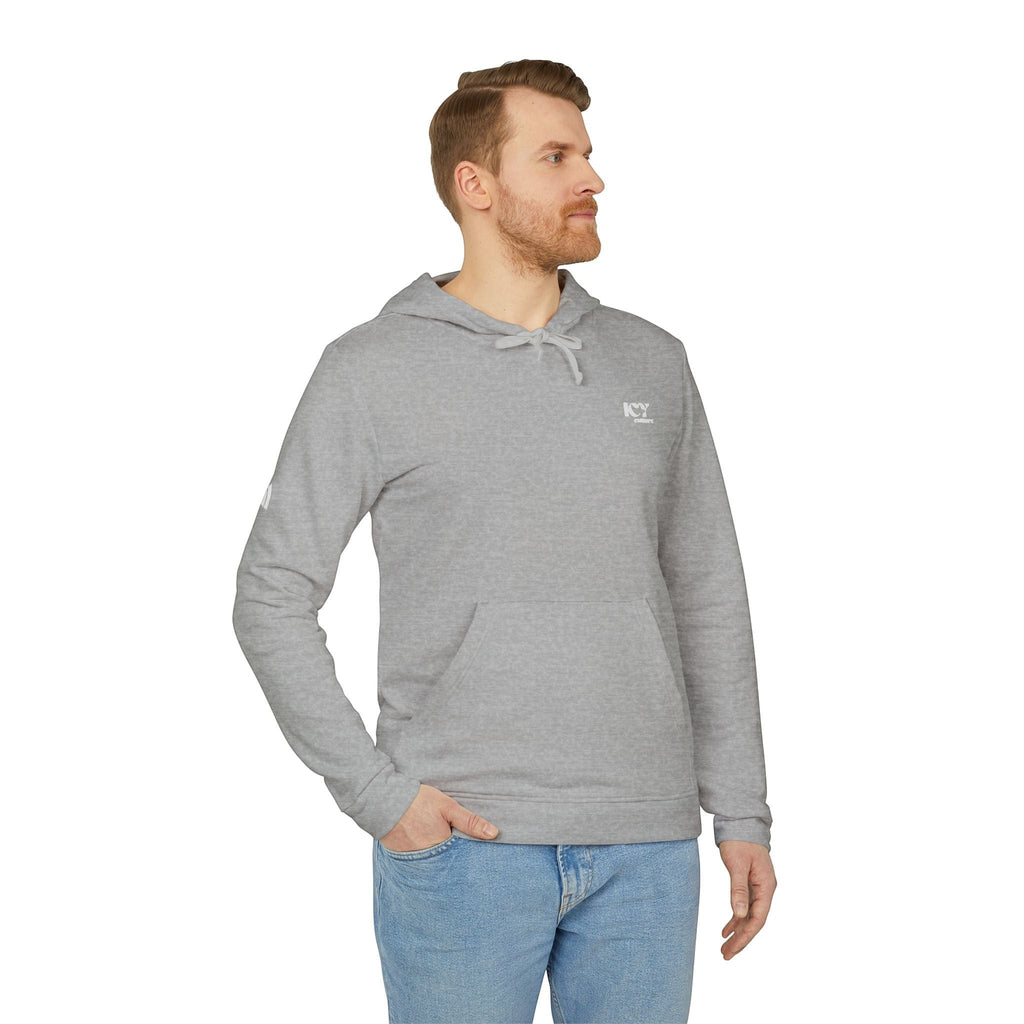 Icy Culture grey cotton blend hoodie with adjustable hood, kangaroo pocket and embroidered logo on chest.