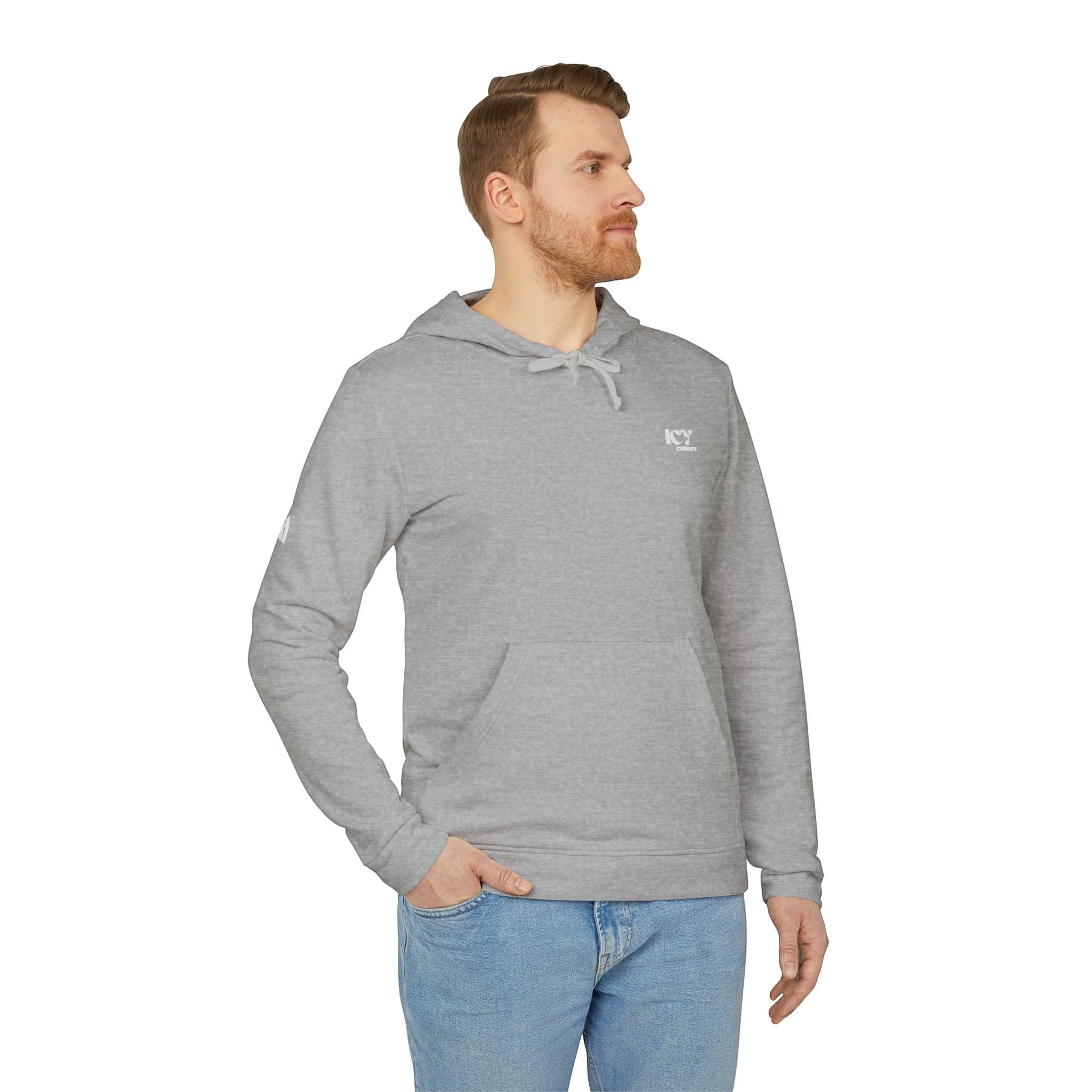 Icy Culture grey cotton blend hoodie with adjustable hood, kangaroo pocket and embroidered logo on chest.