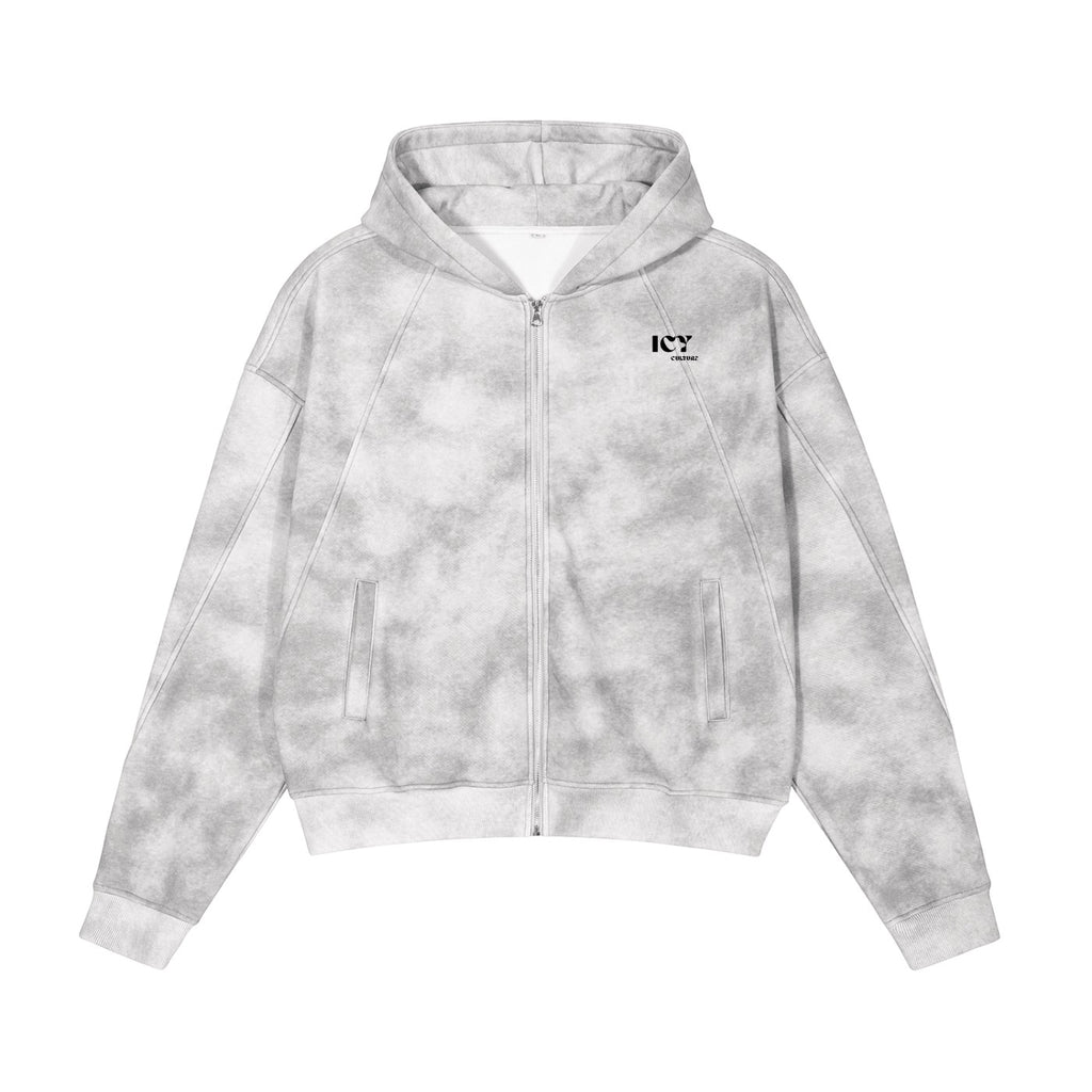 Icy Culture grey tie-dye zip-up hoodie with pockets and a hood, made from a cotton blend.