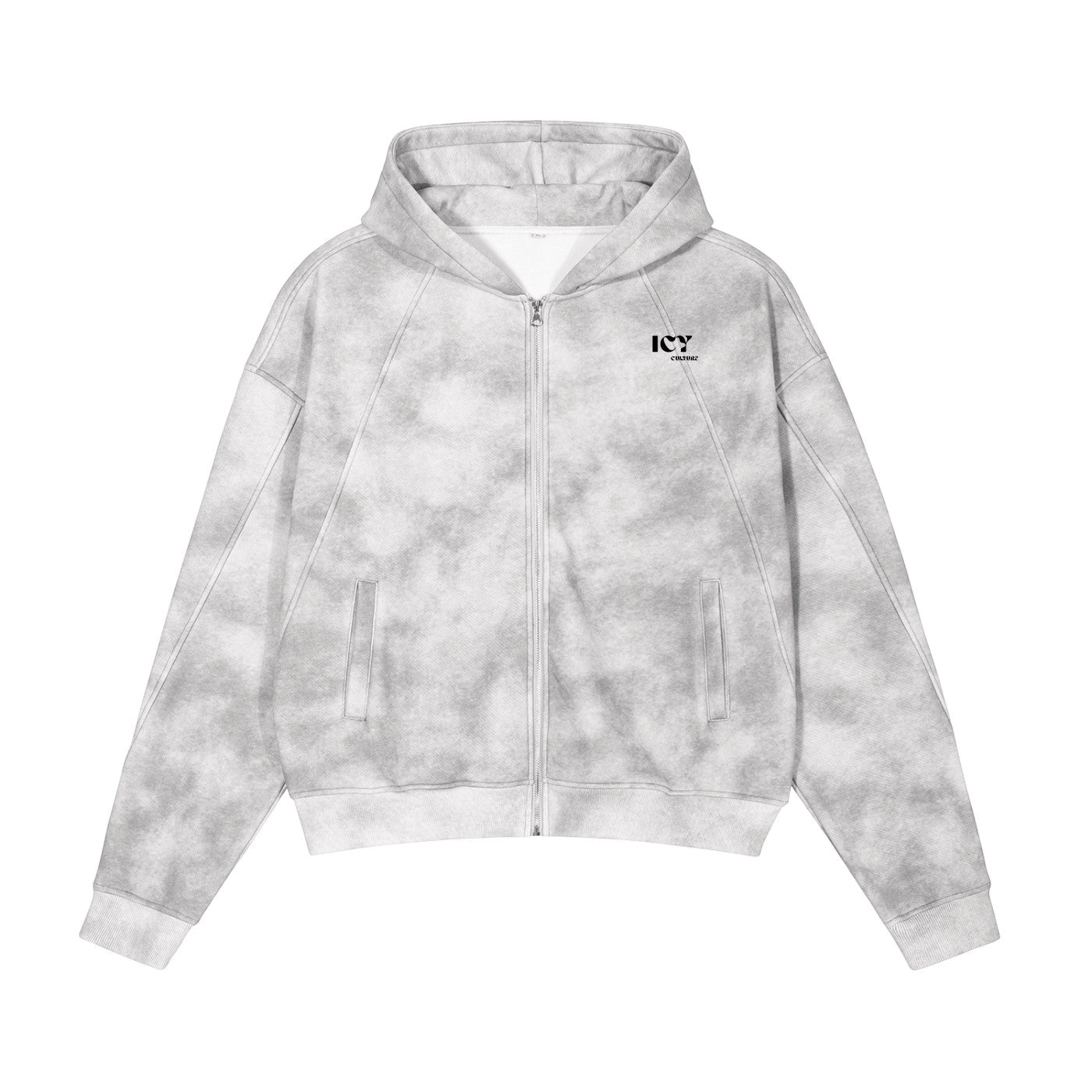 Icy Culture grey tie-dye zip-up hoodie with pockets and a hood, made from a cotton blend.