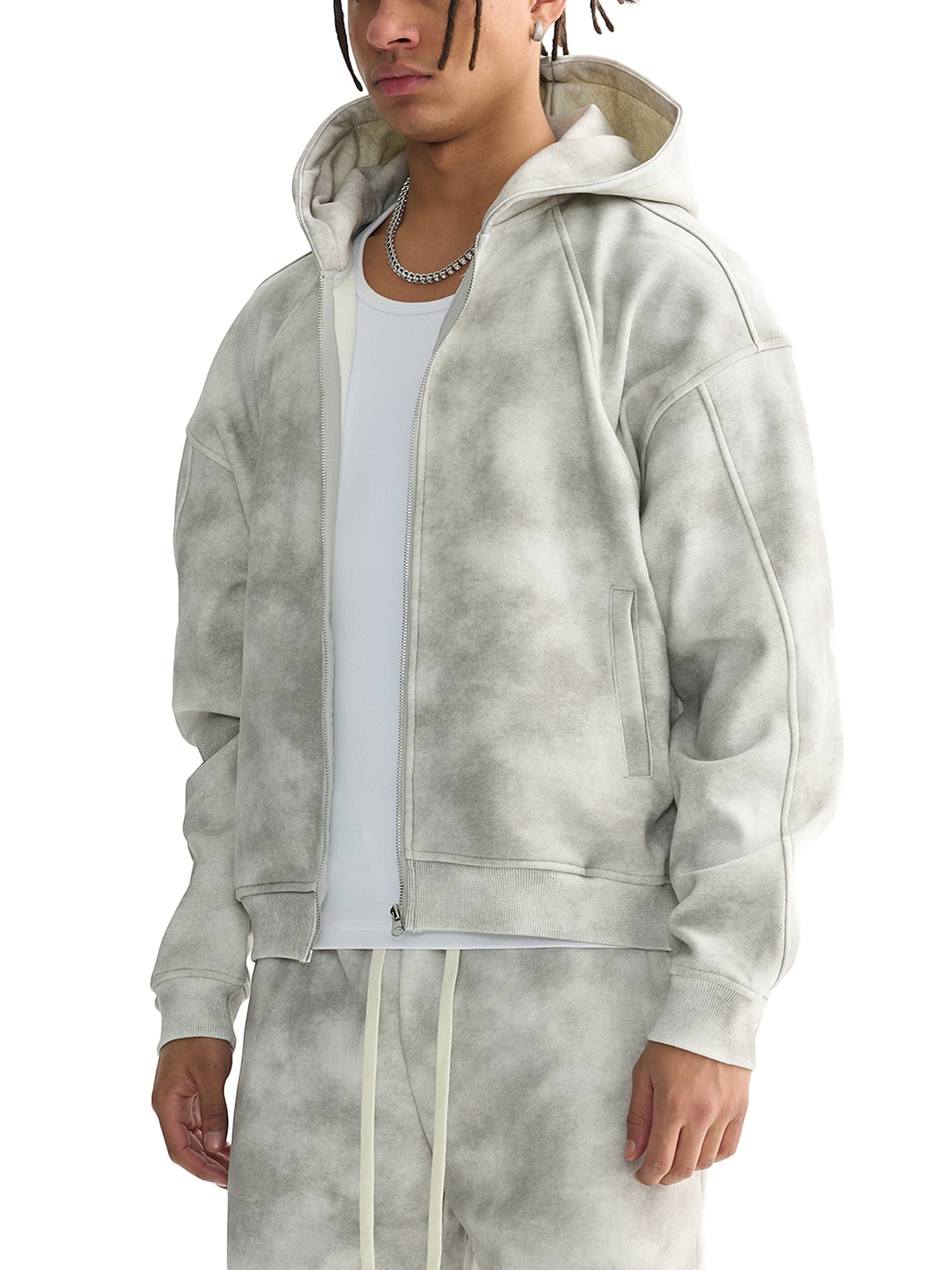 Icy Culture unisex grey tie-dye zip-up hoodie with pockets and hood, made from a cotton blend.