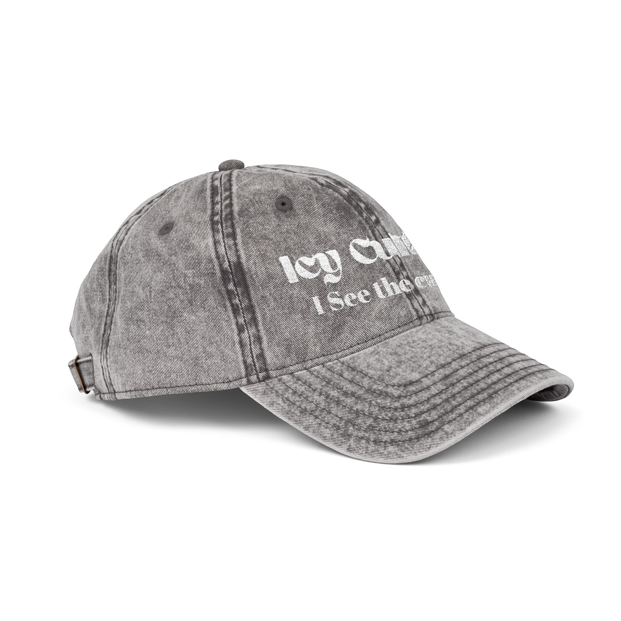 Icy Culture grey washed-out cotton twill baseball cap with embroidered text "I See The Culture" and adjustable metal buckle.